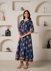 Cotton Blue Floral Printed Long Dress with Buttons