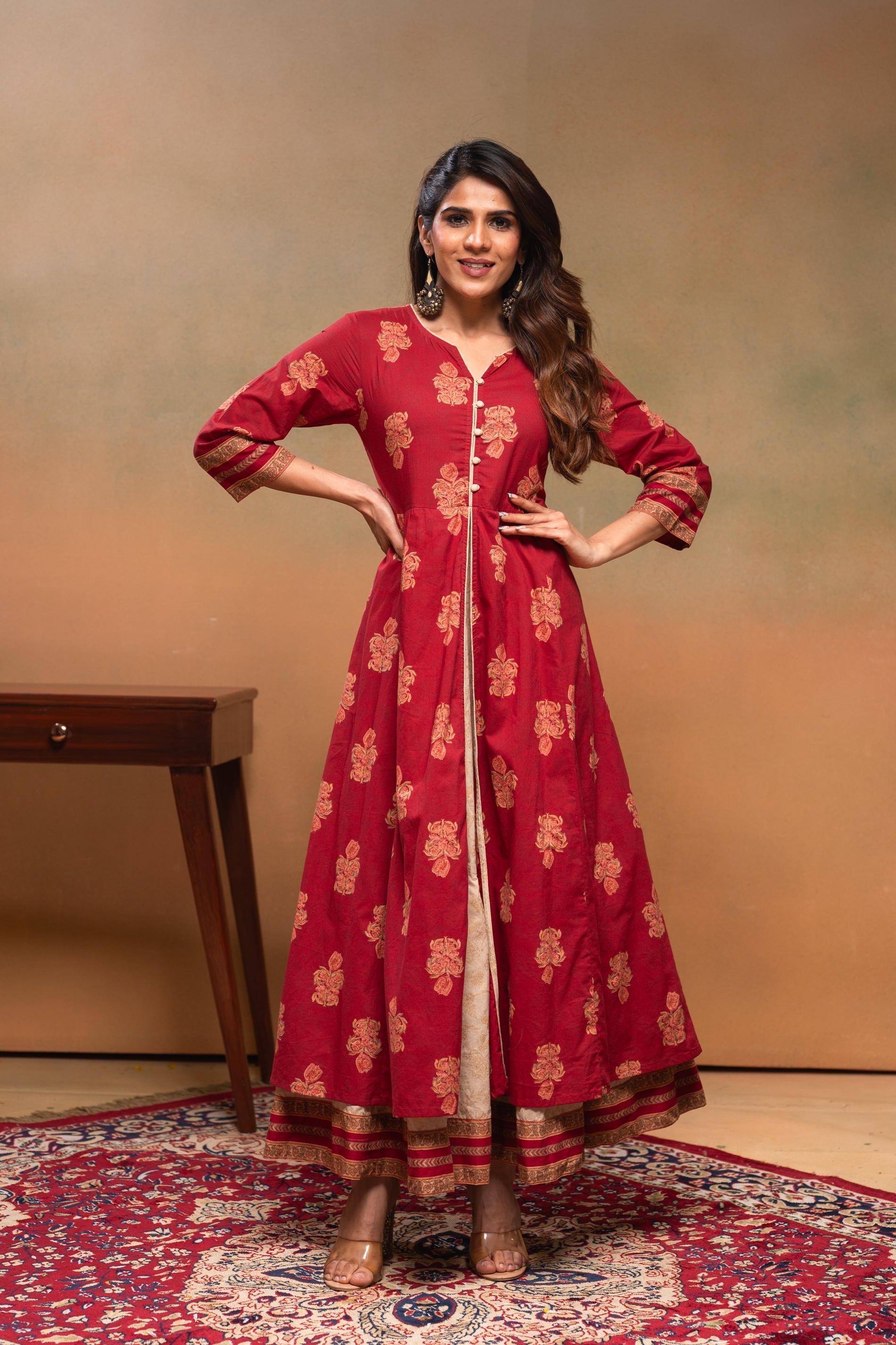 Cotton Maroon Floral Printed Long Dress with Buttons | DesiQlo