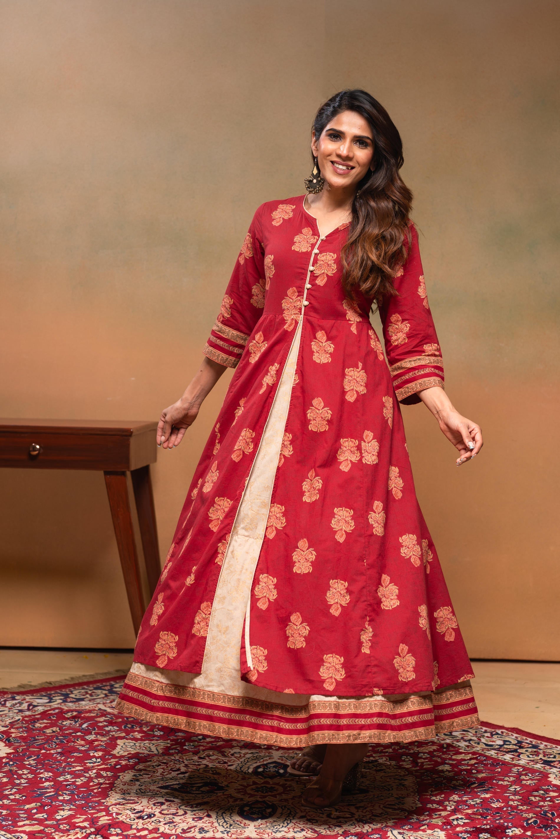 Cotton Maroon Floral Printed Long Dress with Buttons | DesiQlo