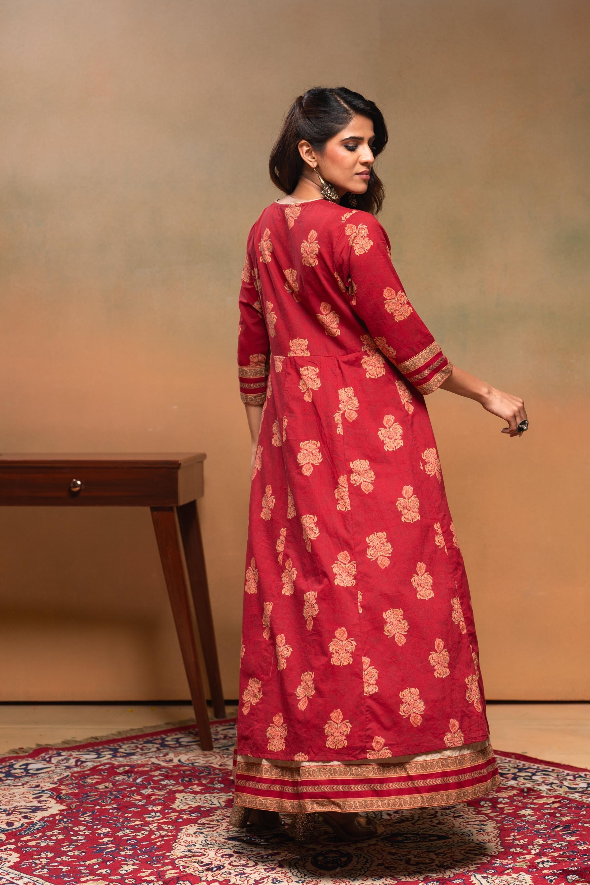 Cotton Maroon Floral Printed Long Dress with Buttons | DesiQlo