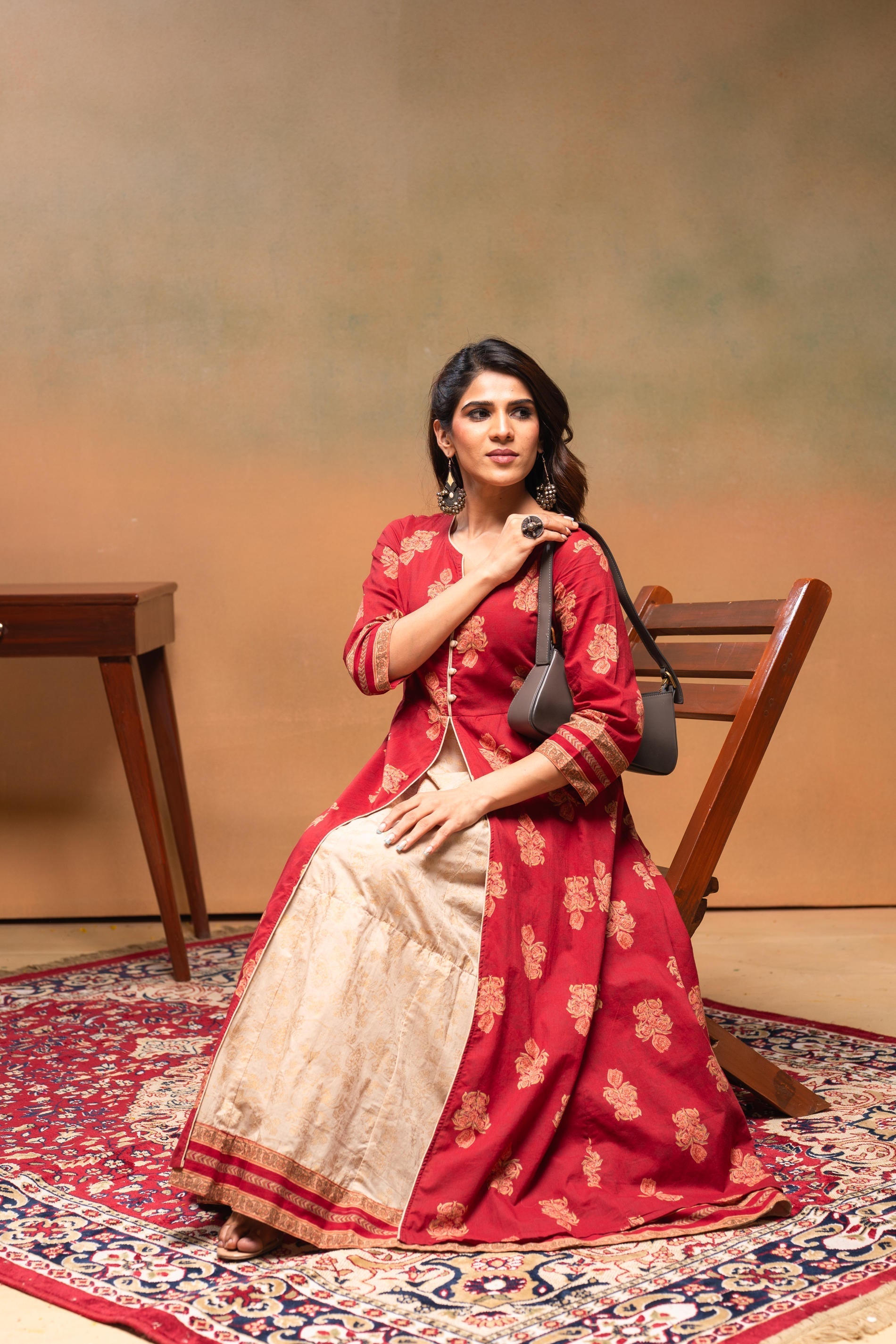 Cotton Maroon Floral Printed Long Dress with Buttons | DesiQlo