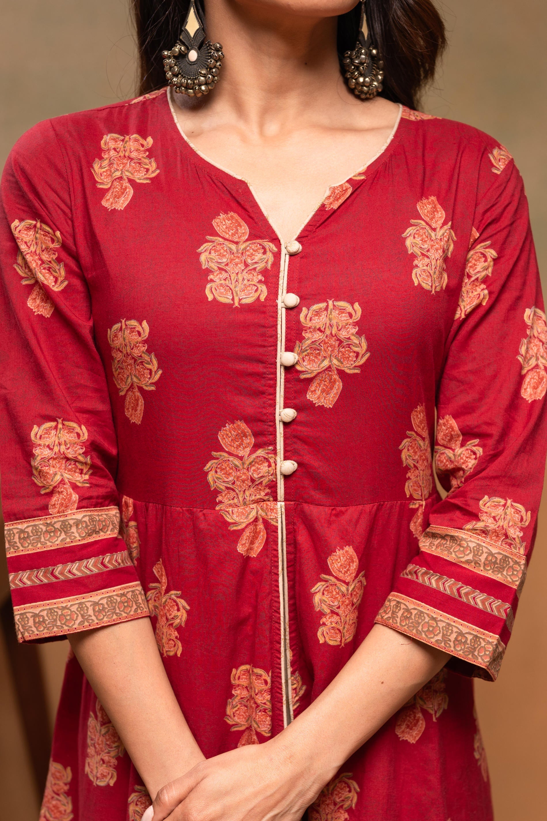 Cotton Maroon Floral Printed Long Dress with Buttons | DesiQlo