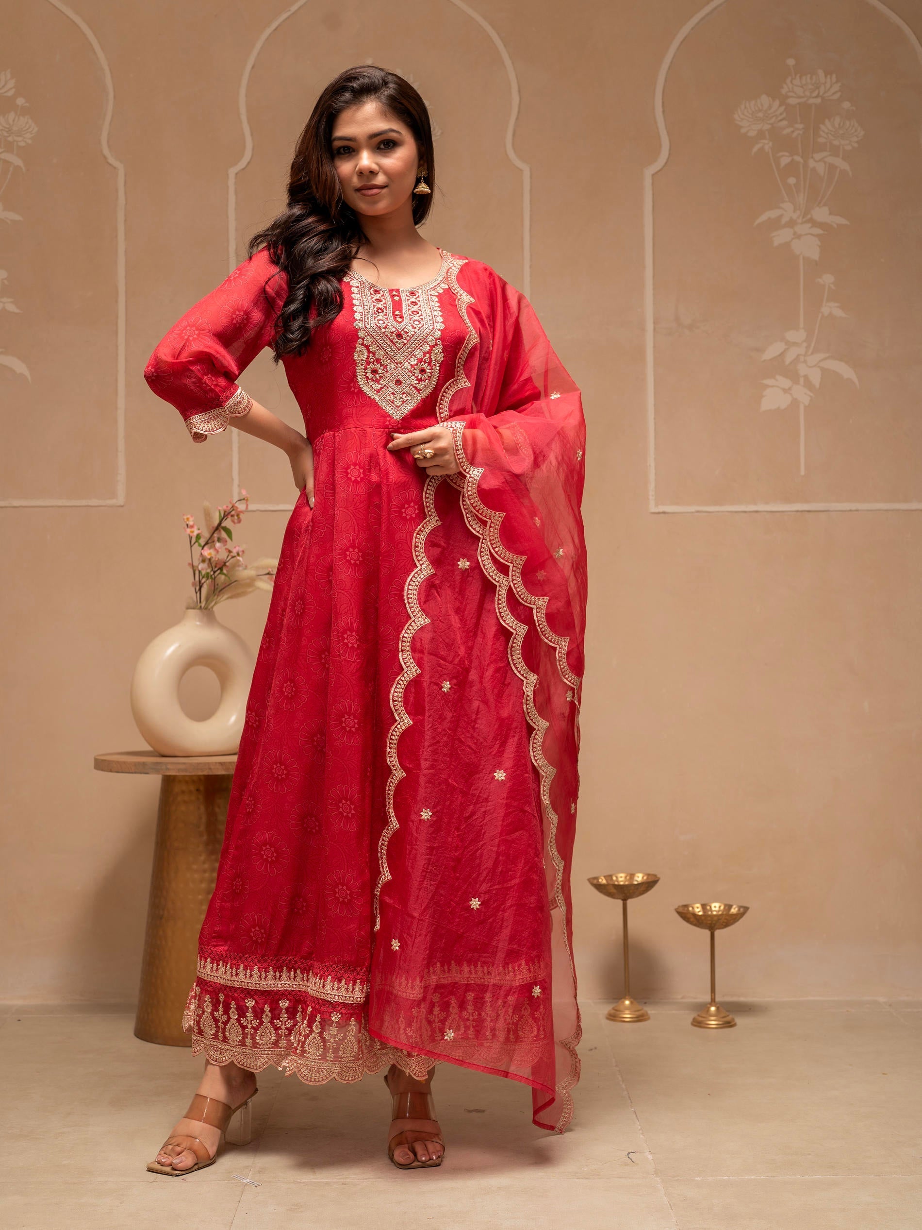 Red Floral Viscose Kurta, Pants and Dupatta Set with Mirror, Thread Wo