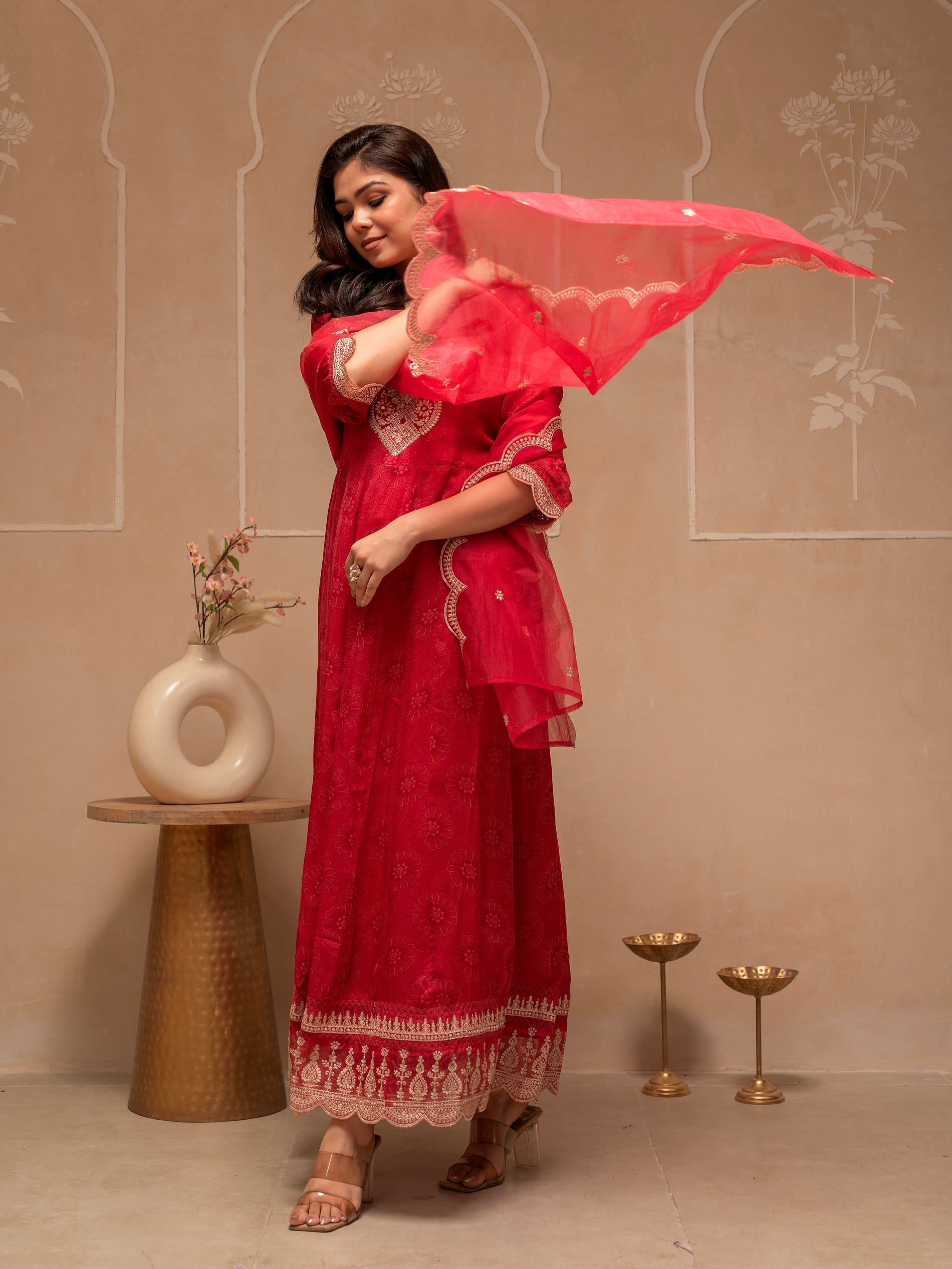 Red Floral Viscose Kurta, Pants and Dupatta Set with Mirror, Thread Wo