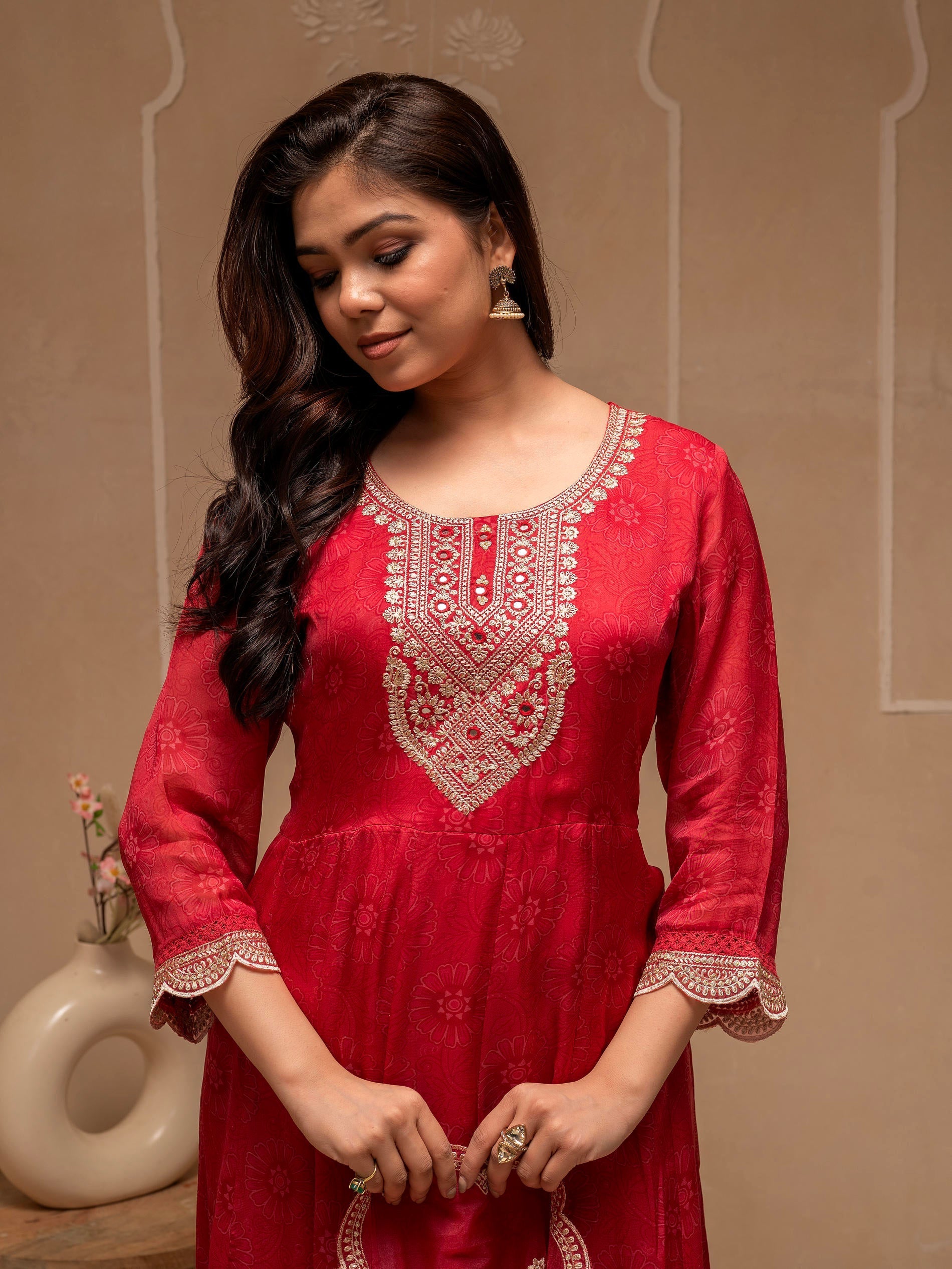 Red Floral Viscose Kurta, Pants and Dupatta Set with Mirror, Thread Wo