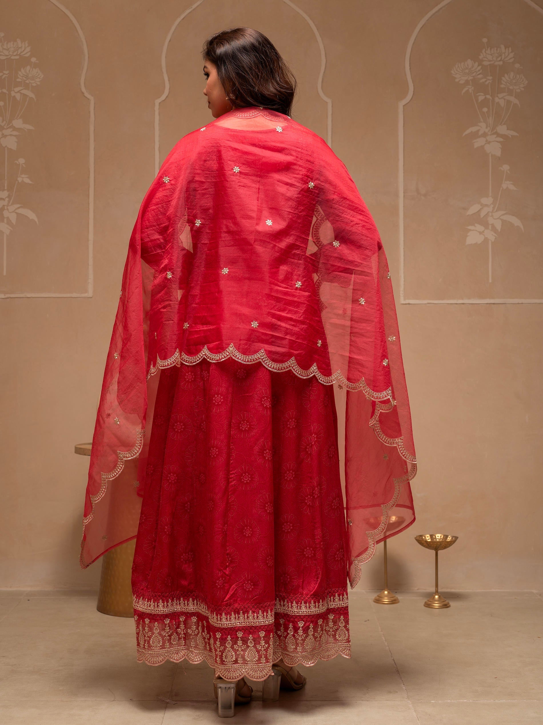 Red Floral Viscose Kurta, Pants and Dupatta Set with Mirror, Thread Wo