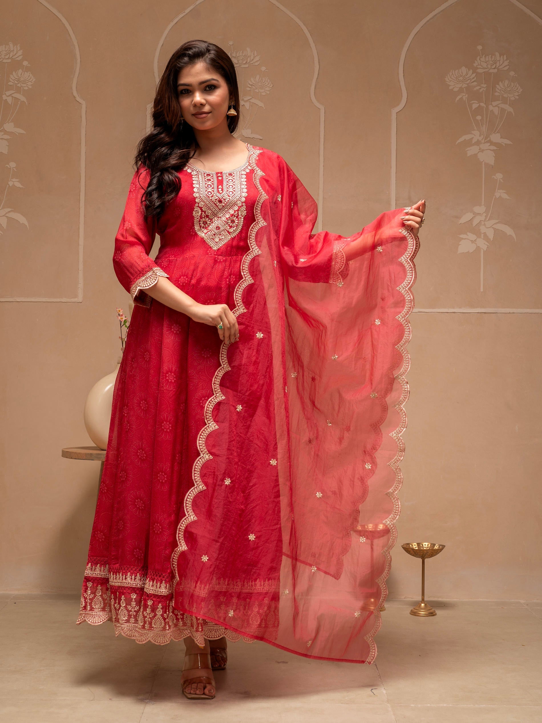Red Floral Viscose Kurta, Pants and Dupatta Set with Mirror, Thread Wo