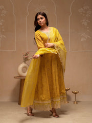 Yellow Floral Viscose Kurta, Pants and Dupatta Set with Mirror, Thread Work and Sequence