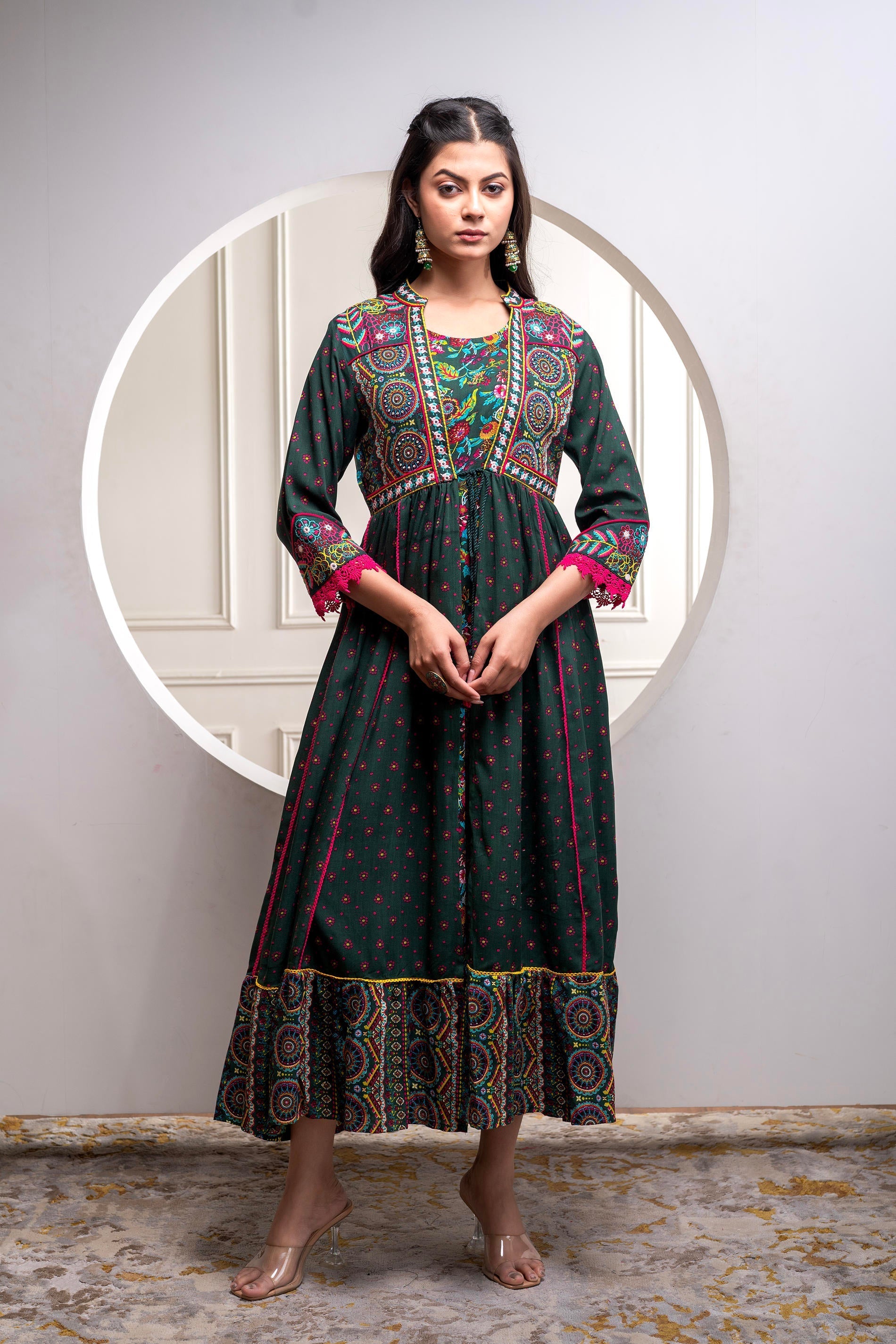 Viscose Bottle Green Embroidered Longdress and Shrug Set with Thared, 