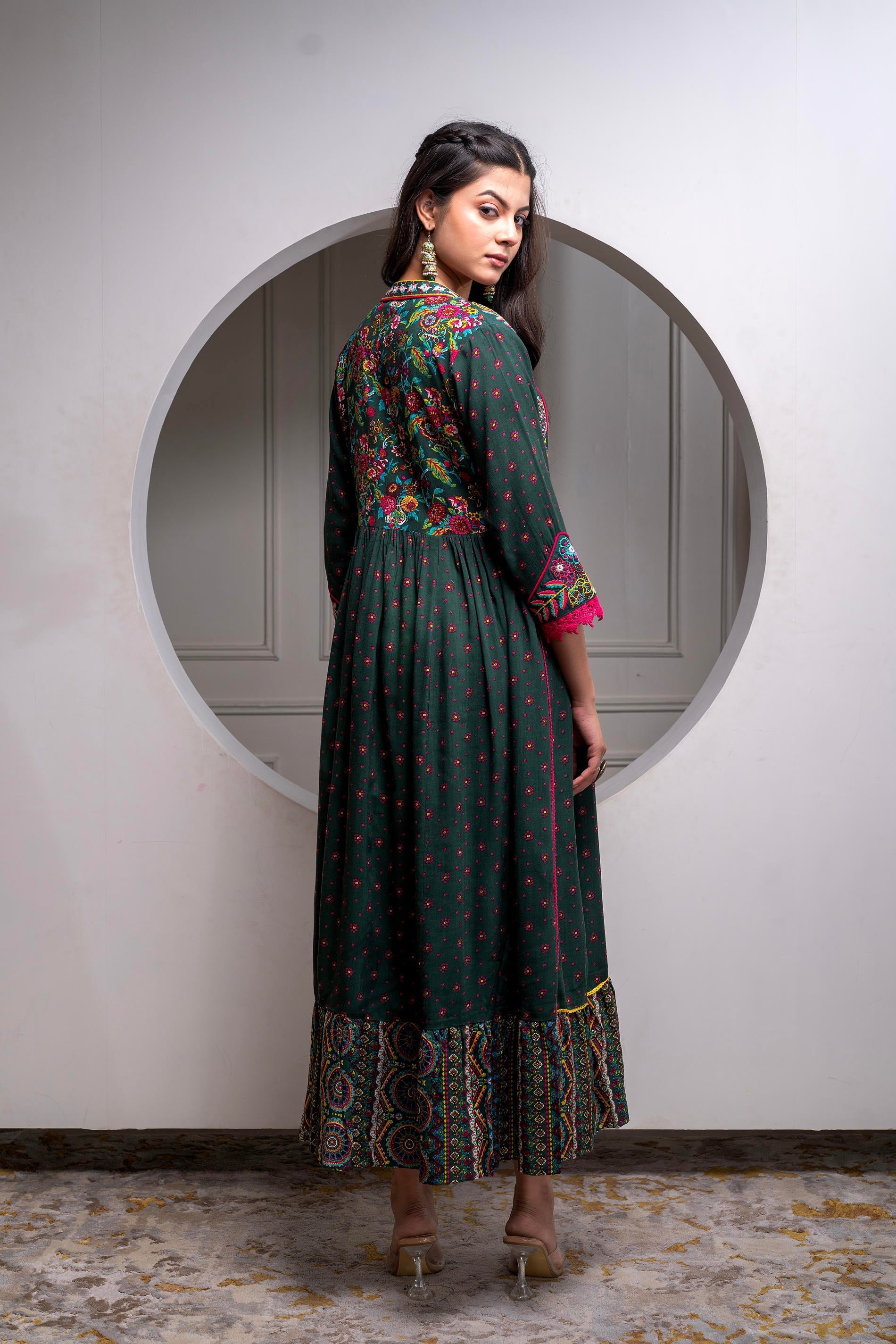 Viscose Bottle Green Embroidered Longdress and Shrug Set with Thared, 