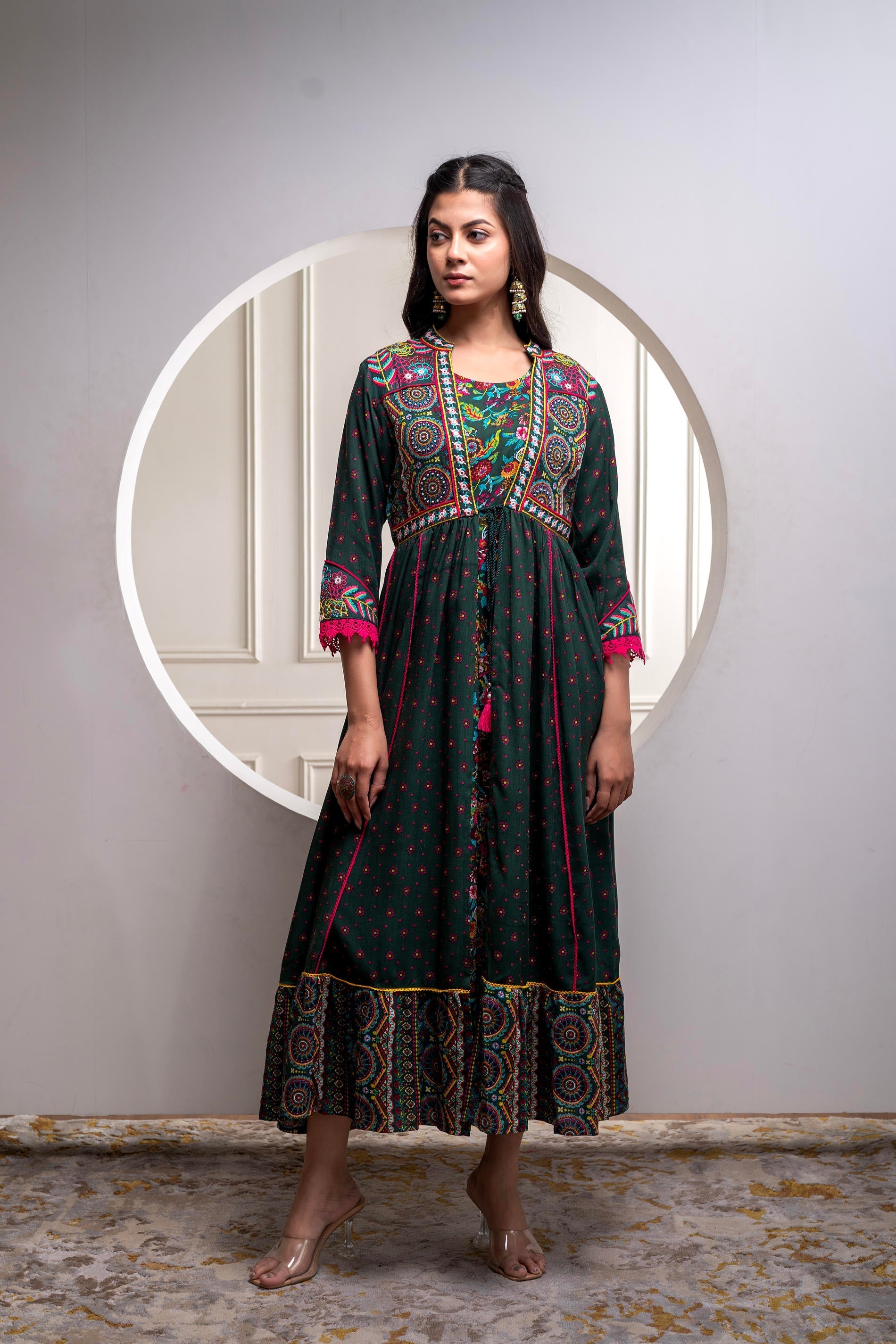 Viscose Bottle Green Embroidered Longdress and Shrug Set with Thared, 