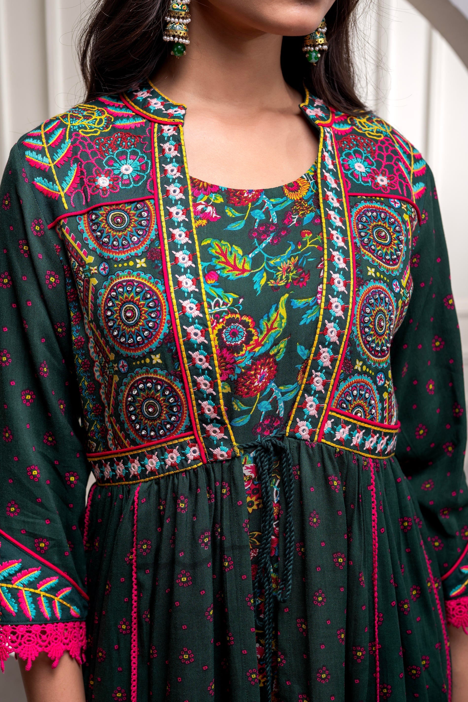 Viscose Bottle Green Embroidered Longdress and Shrug Set with Thared, 