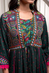 Viscose Bottle Green Embroidered Longdress and Shrug Set with Thared, Mirror Work & Beads