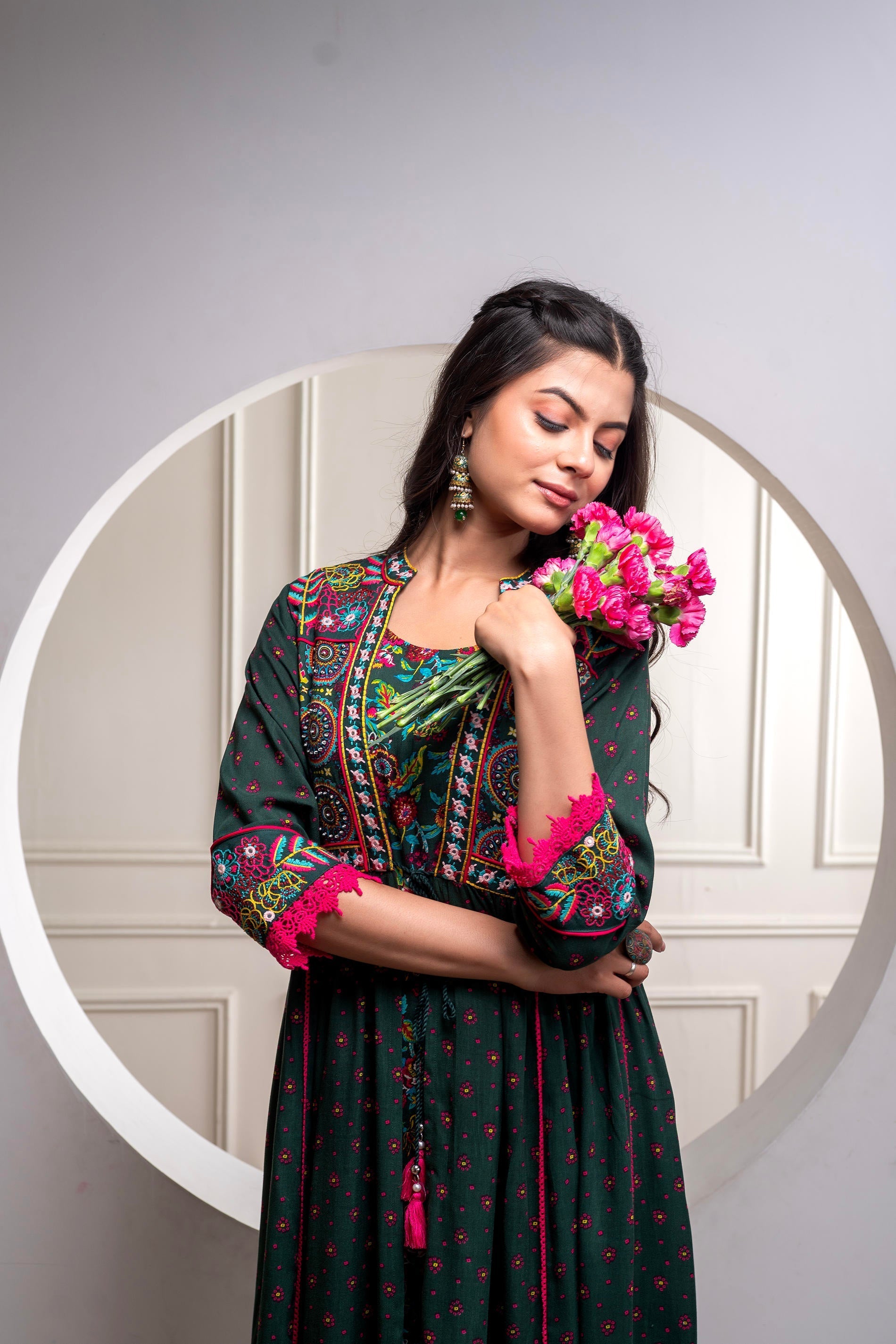 Viscose Bottle Green Embroidered Longdress and Shrug Set with Thared, 