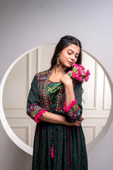 Viscose Bottle Green Embroidered Longdress and Shrug Set with Thared, Mirror Work & Beads