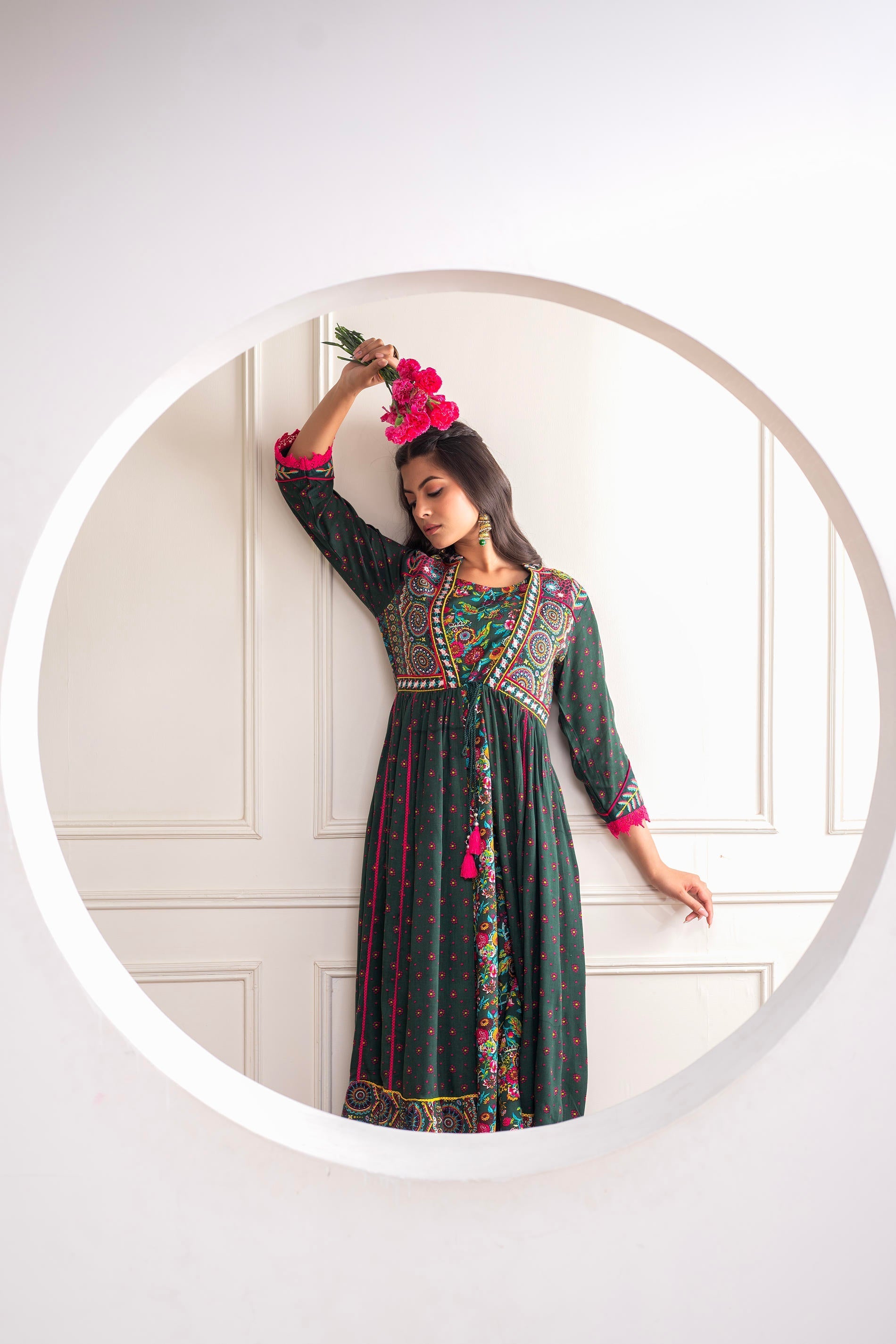 Viscose Bottle Green Embroidered Longdress and Shrug Set with Thared, 