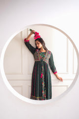 Viscose Bottle Green Embroidered Longdress and Shrug Set with Thared, Mirror Work & Beads