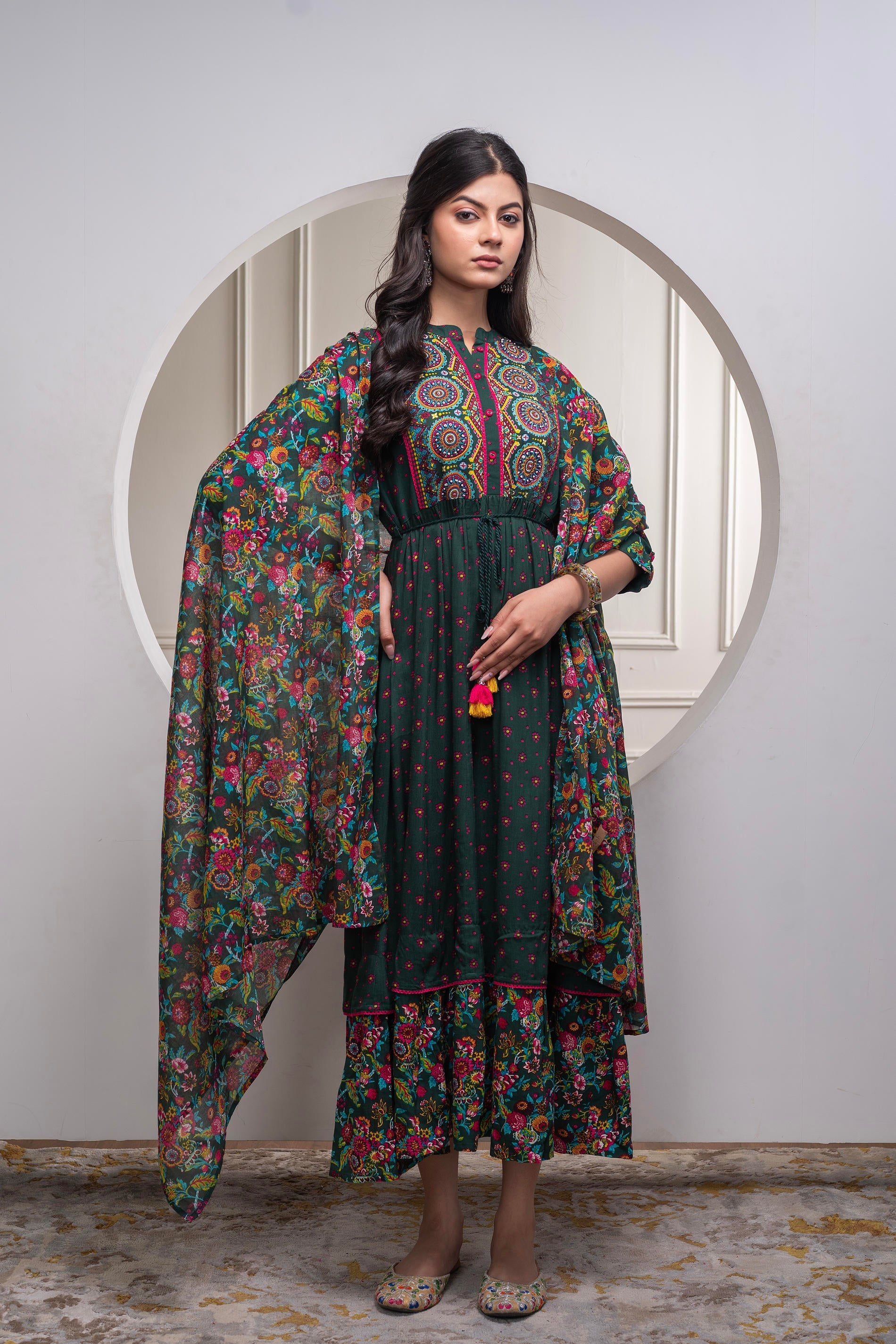 Bottlegreen Floral Viscose Longdress with Dupatta and Dori, Sequence & Lace Work