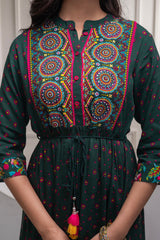 Bottlegreen Floral Viscose Longdress with Dupatta and Dori, Sequence & Lace Work