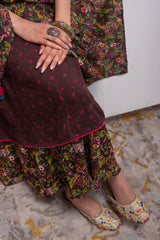 Brown Floral Viscose Longdress with Dupatta and Dori, Sequence & Lace Work