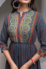 Grey Floral Viscose Longdress with Dupatta and Dori, Sequence & Lace Work