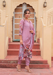 Mauve Manmade Fiber Floral Printed Kurta With Pants & Dupatta Set With Lace Work