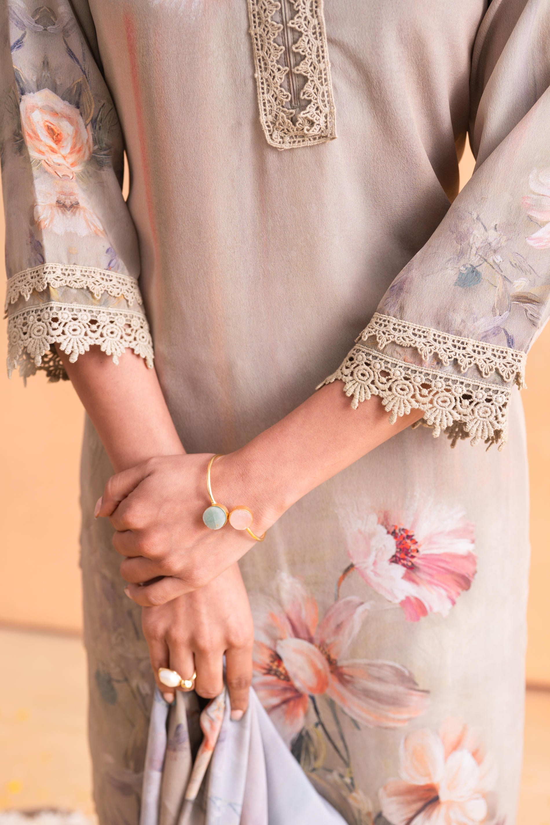 Beige Floral Embellished A-Line Kurta Pant and Dupatta Set with Beads 