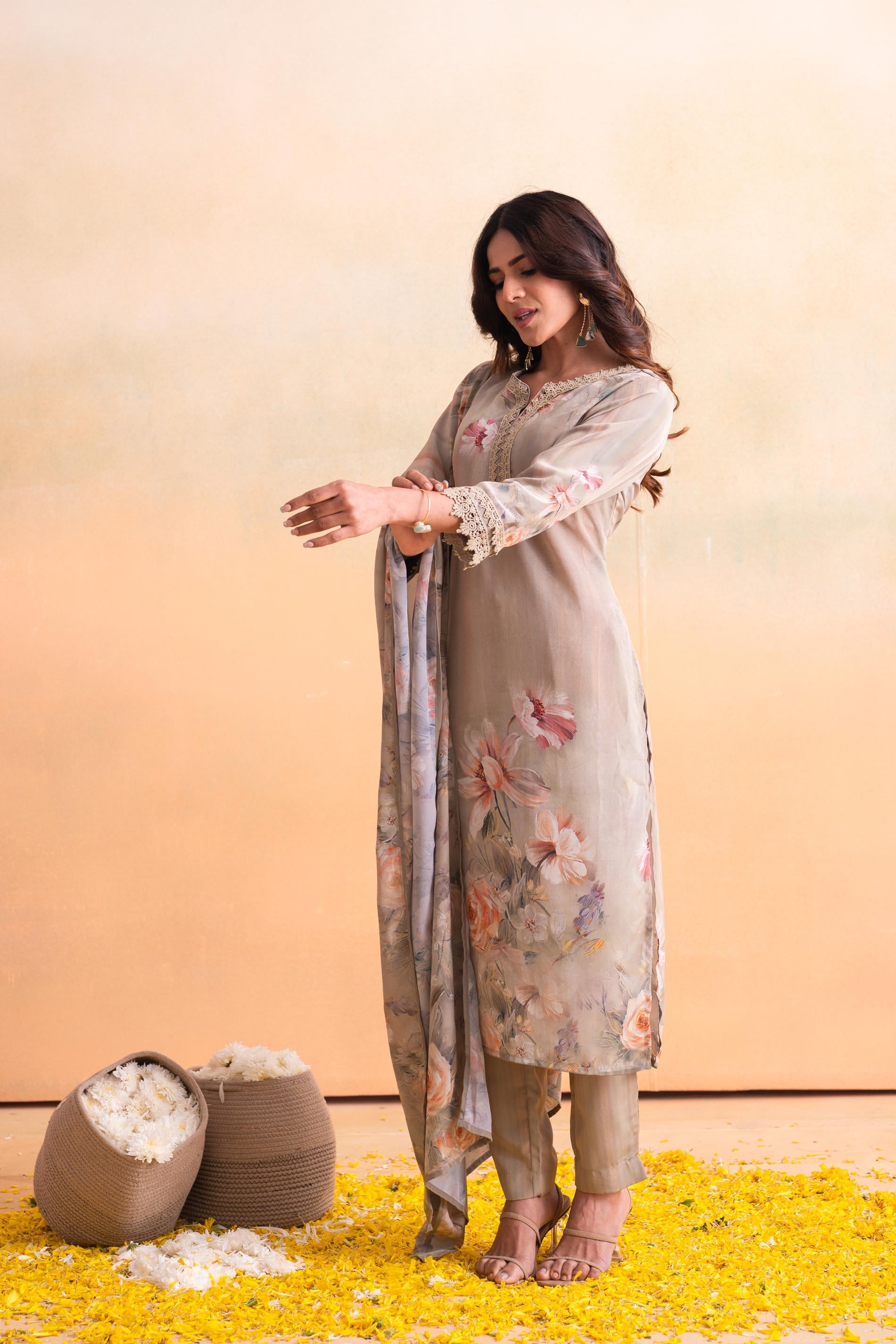 Beige Floral Embellished A-Line Kurta Pant and Dupatta Set with Beads 
