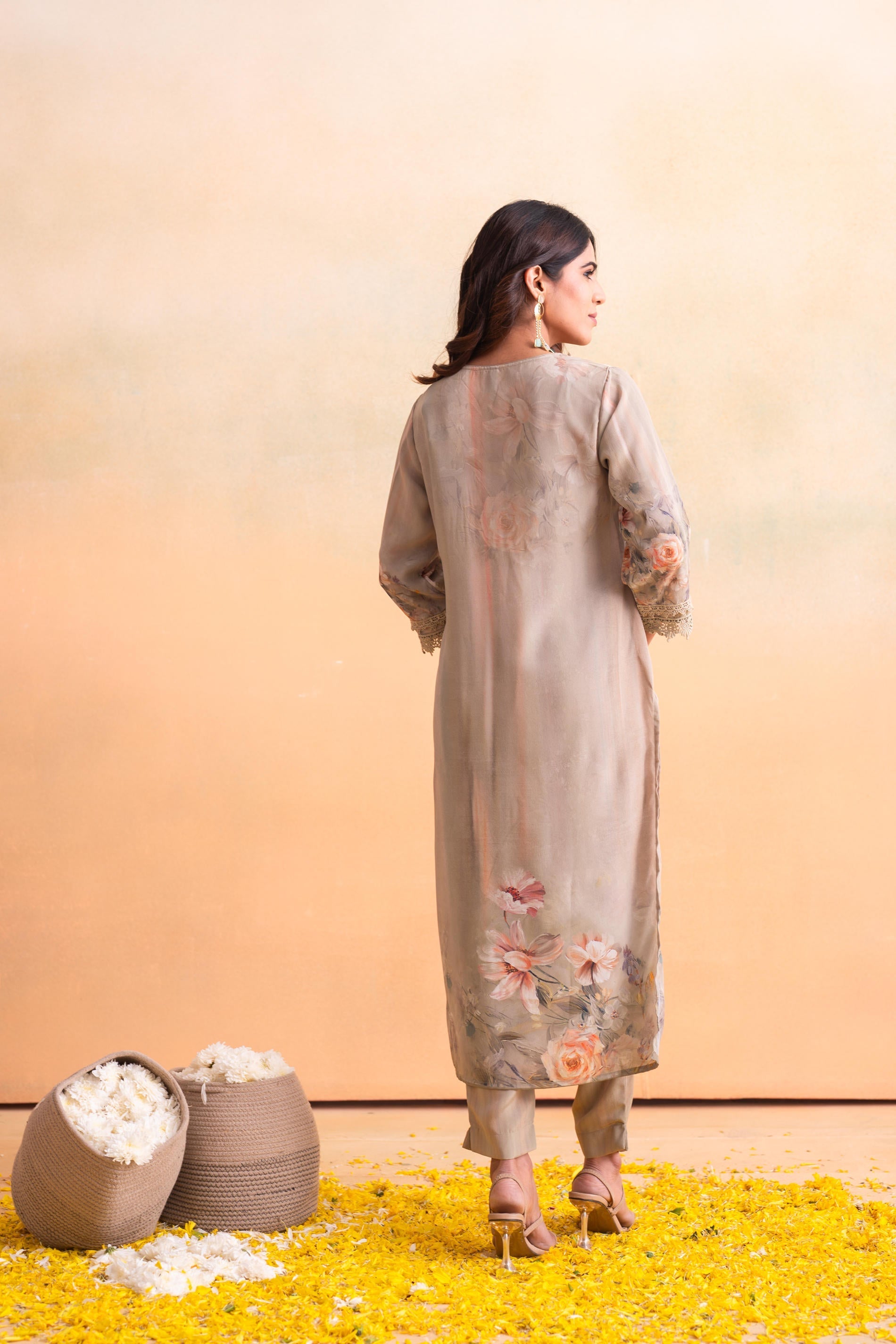 Beige Floral Embellished A-Line Kurta Pant and Dupatta Set with Beads 