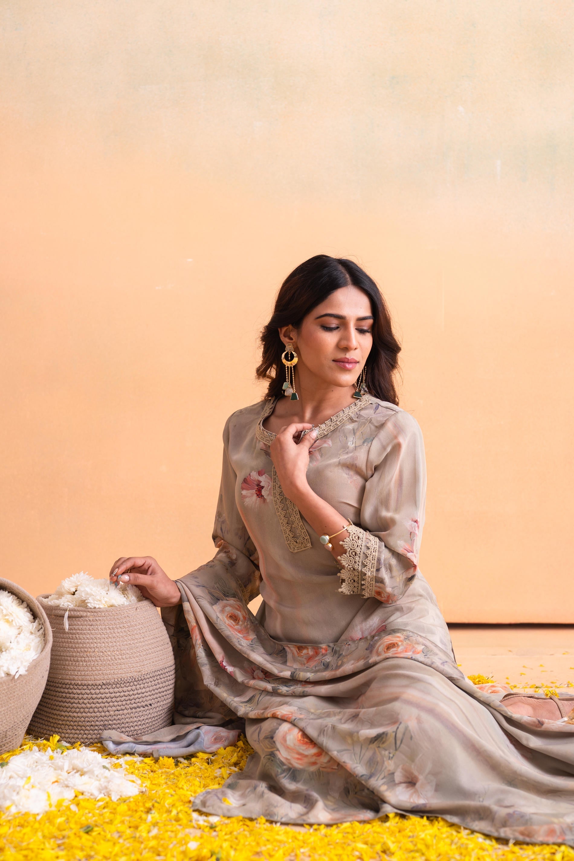 Beige Floral Embellished A-Line Kurta Pant and Dupatta Set with Beads 