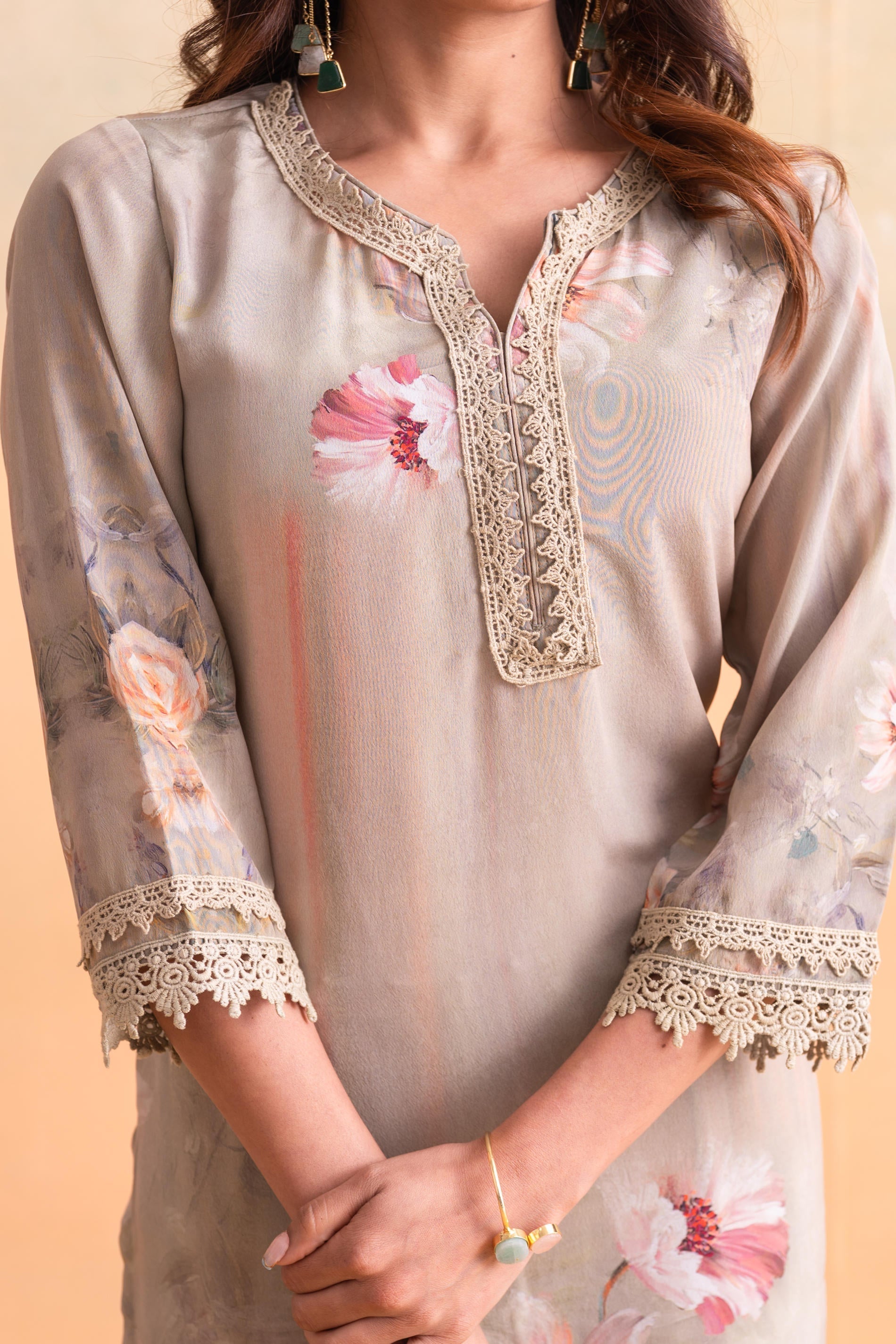 Beige Floral Embellished A-Line Kurta Pant and Dupatta Set with Beads 