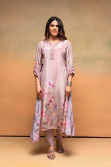 Pink Floral Embellished A-Line Kurta Pant and Dupatta Set with Beads & Sequence Work