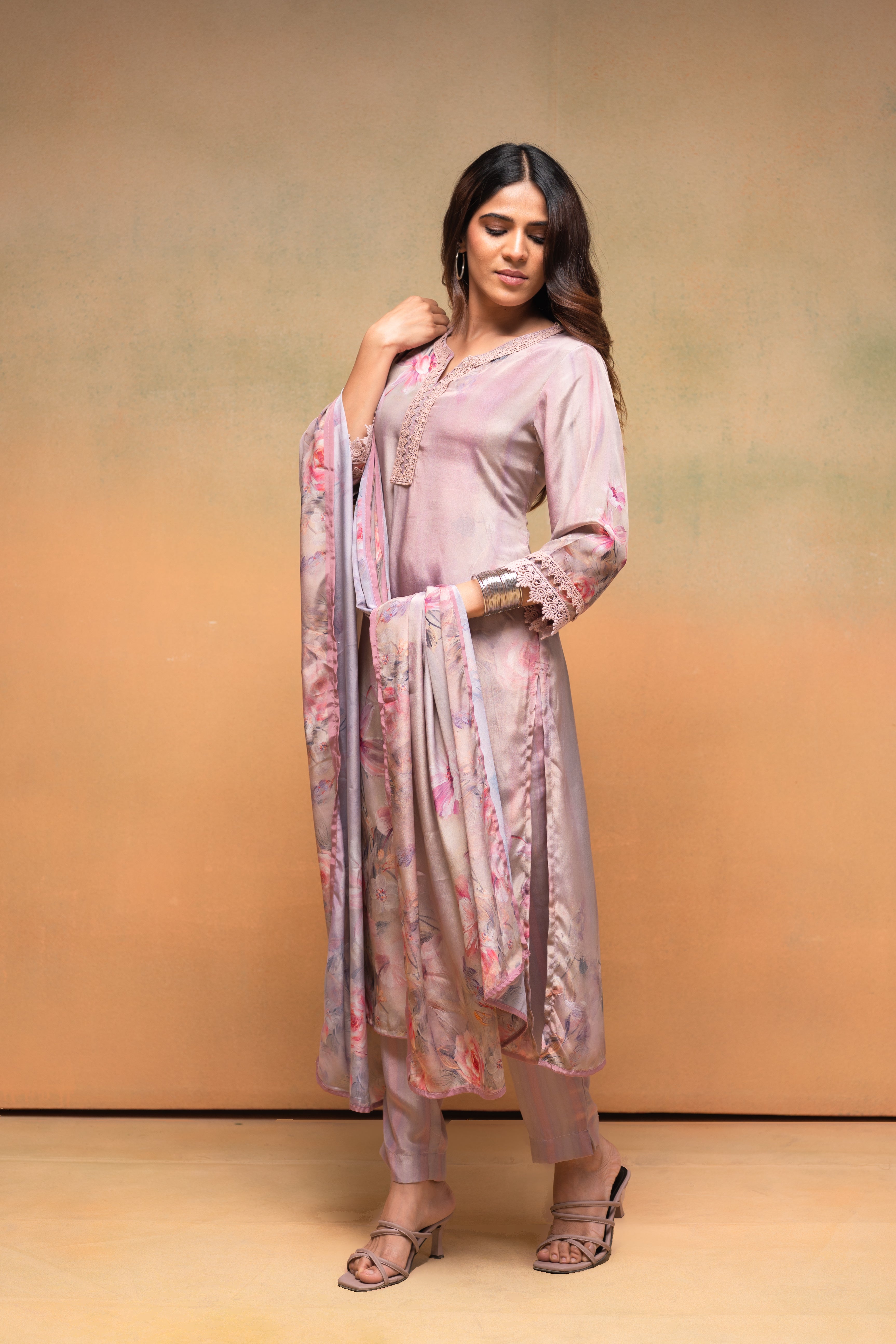 Pink Floral Embellished A-Line Kurta Pant and Dupatta Set with Beads &