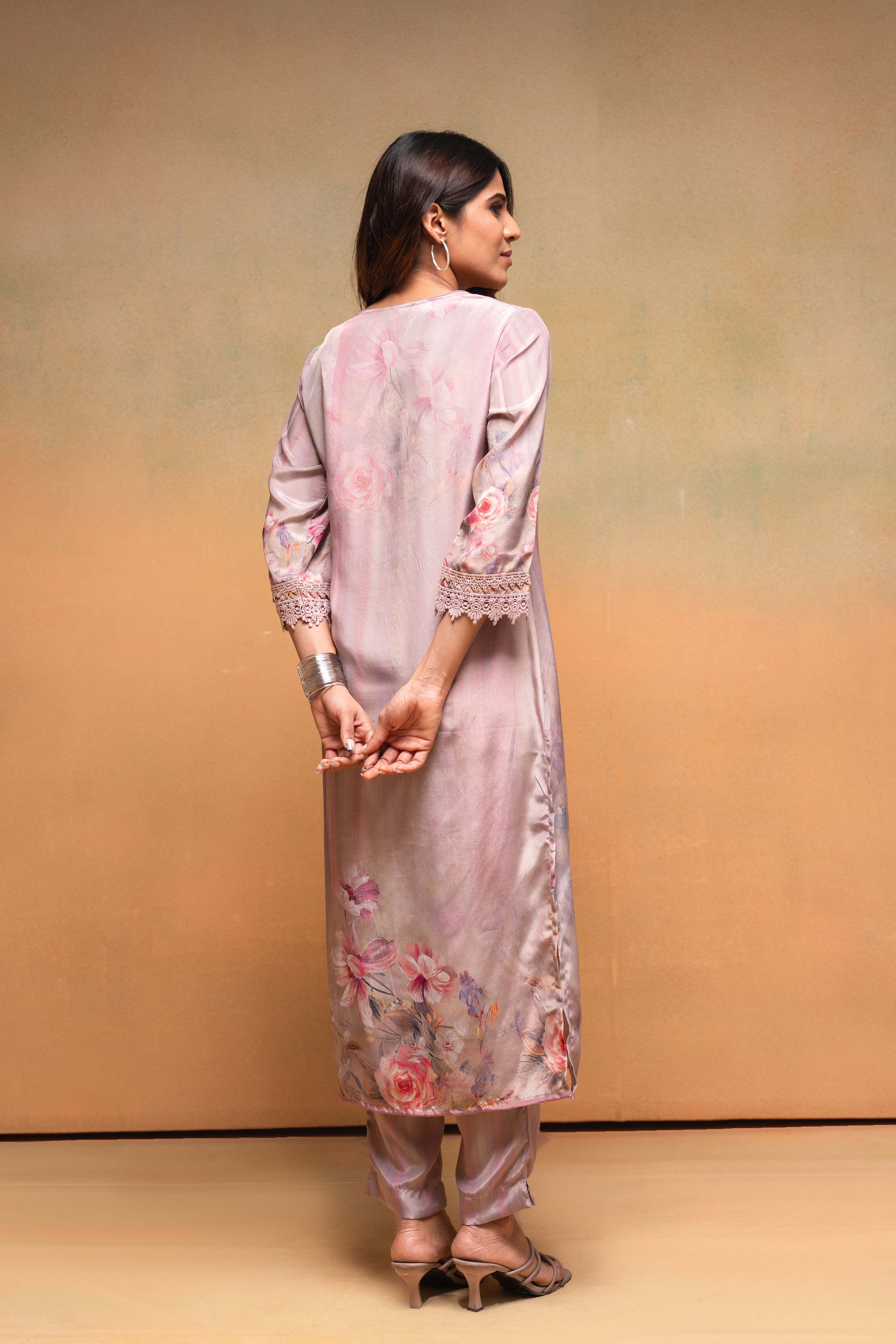 Pink Floral Embellished A-Line Kurta Pant and Dupatta Set with Beads &