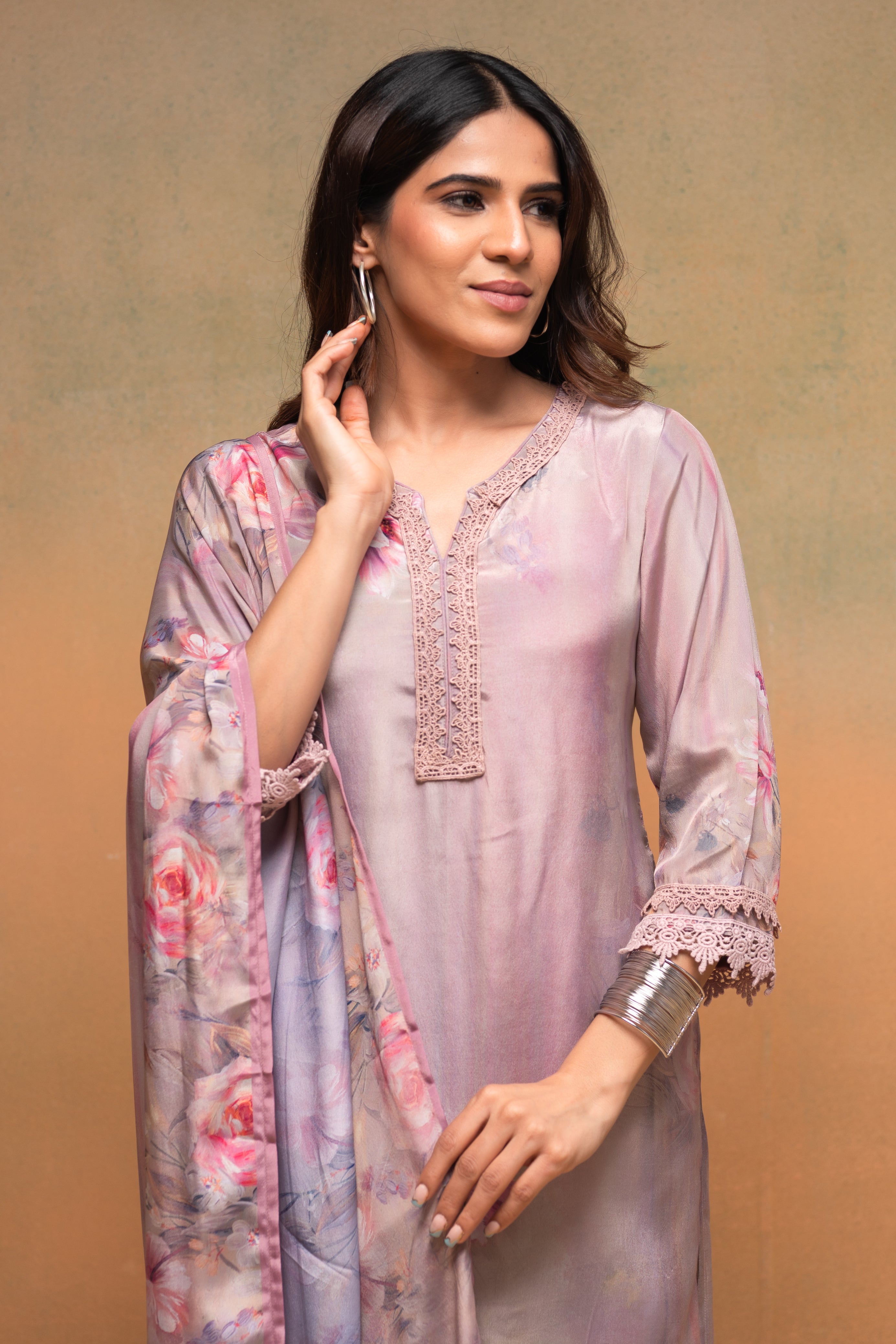 Pink Floral Embellished A-Line Kurta Pant and Dupatta Set with Beads &