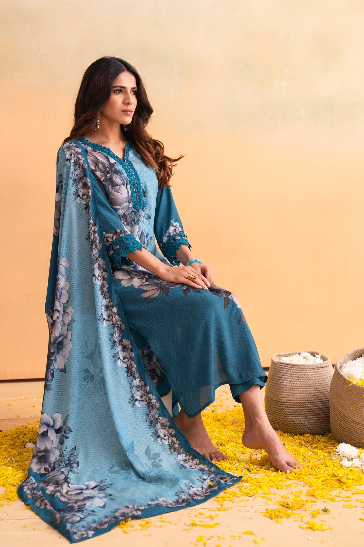 Blue Manmade Fiber Floral Printed Kurta With Pants & Dupatta Set With Lace Work