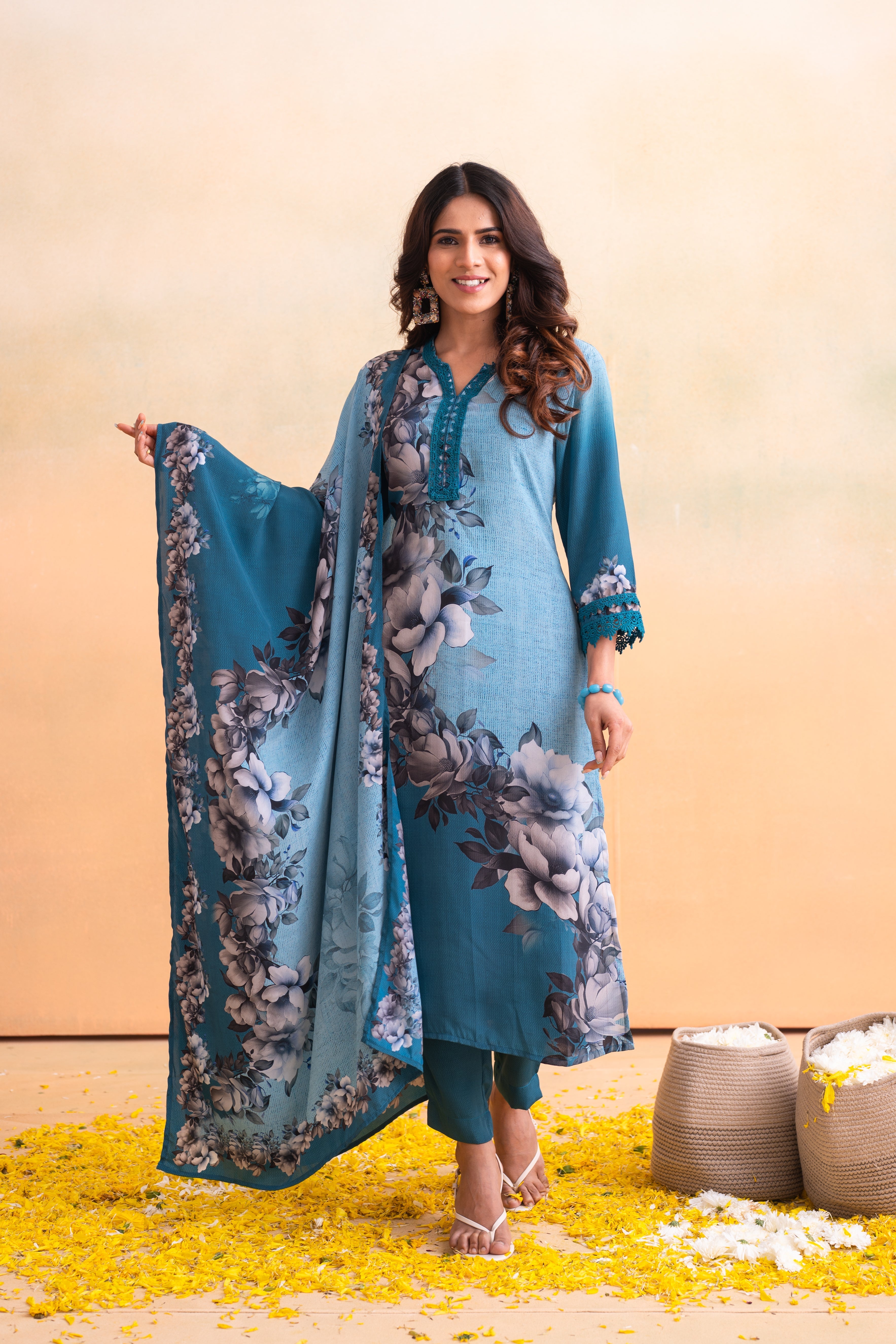 Blue Manmade Fiber Floral Printed Kurta With Pants & Dupatta Set With 