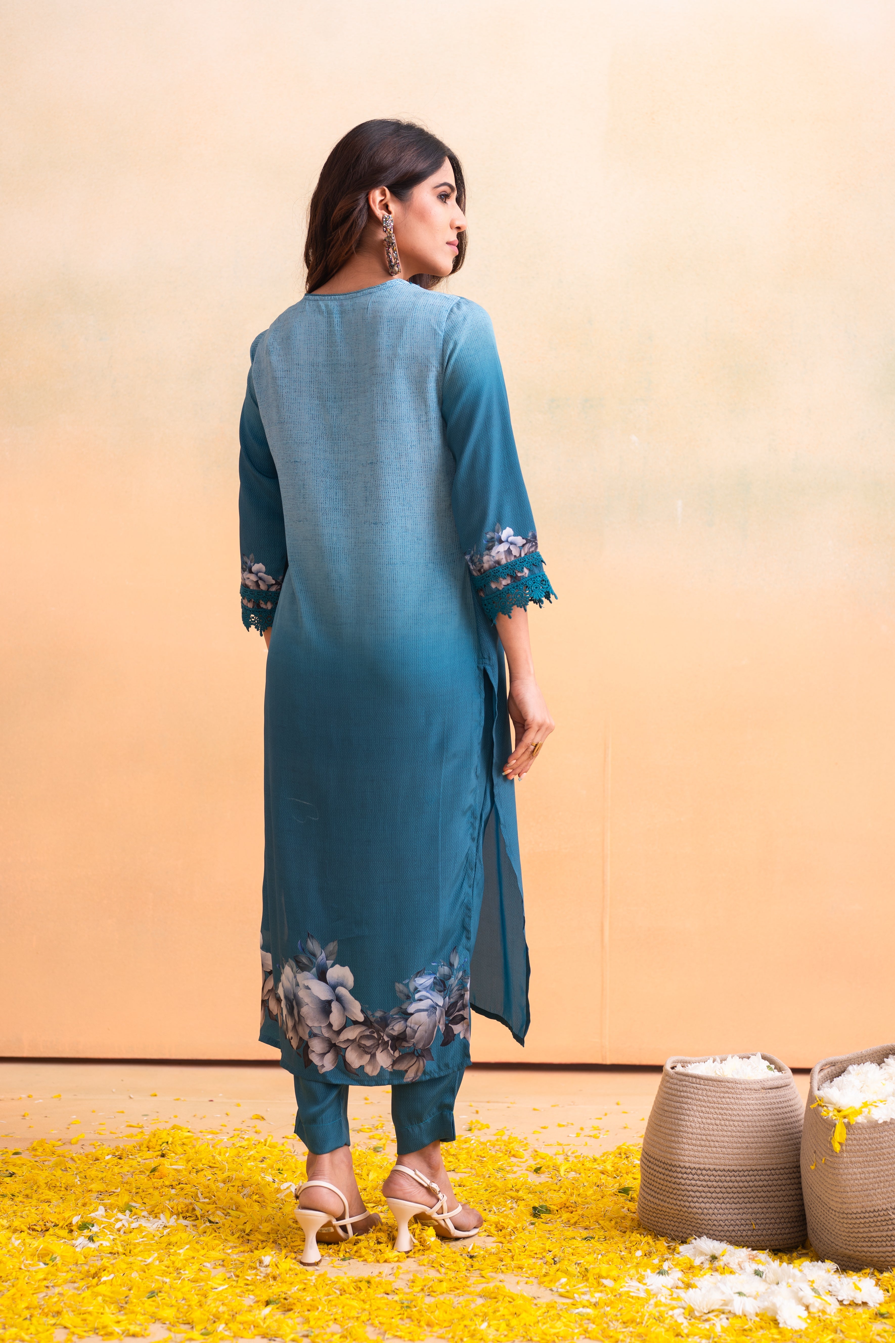 Blue Manmade Fiber Floral Printed Kurta With Pants & Dupatta Set With 