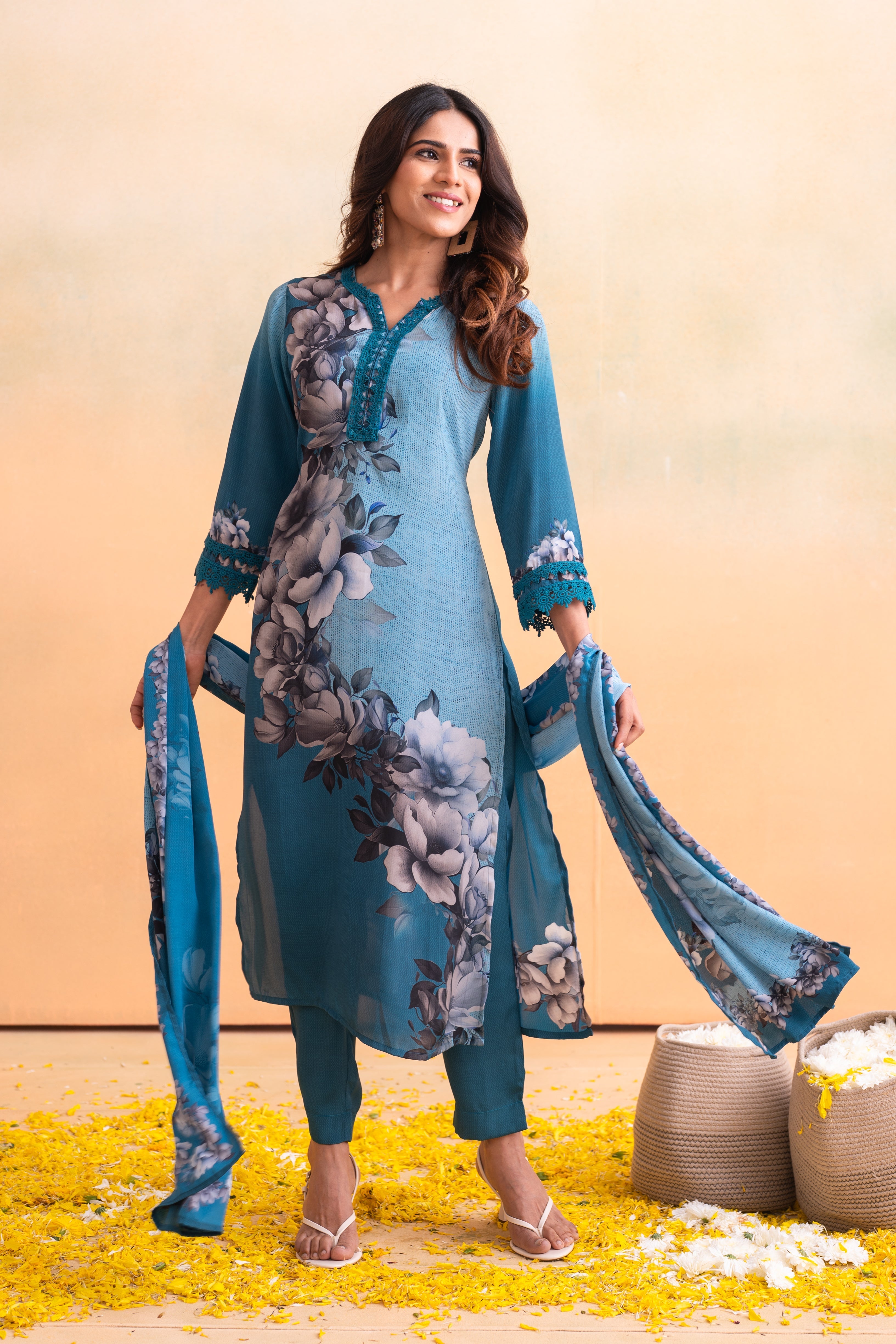 Blue Manmade Fiber Floral Printed Kurta With Pants & Dupatta Set With 