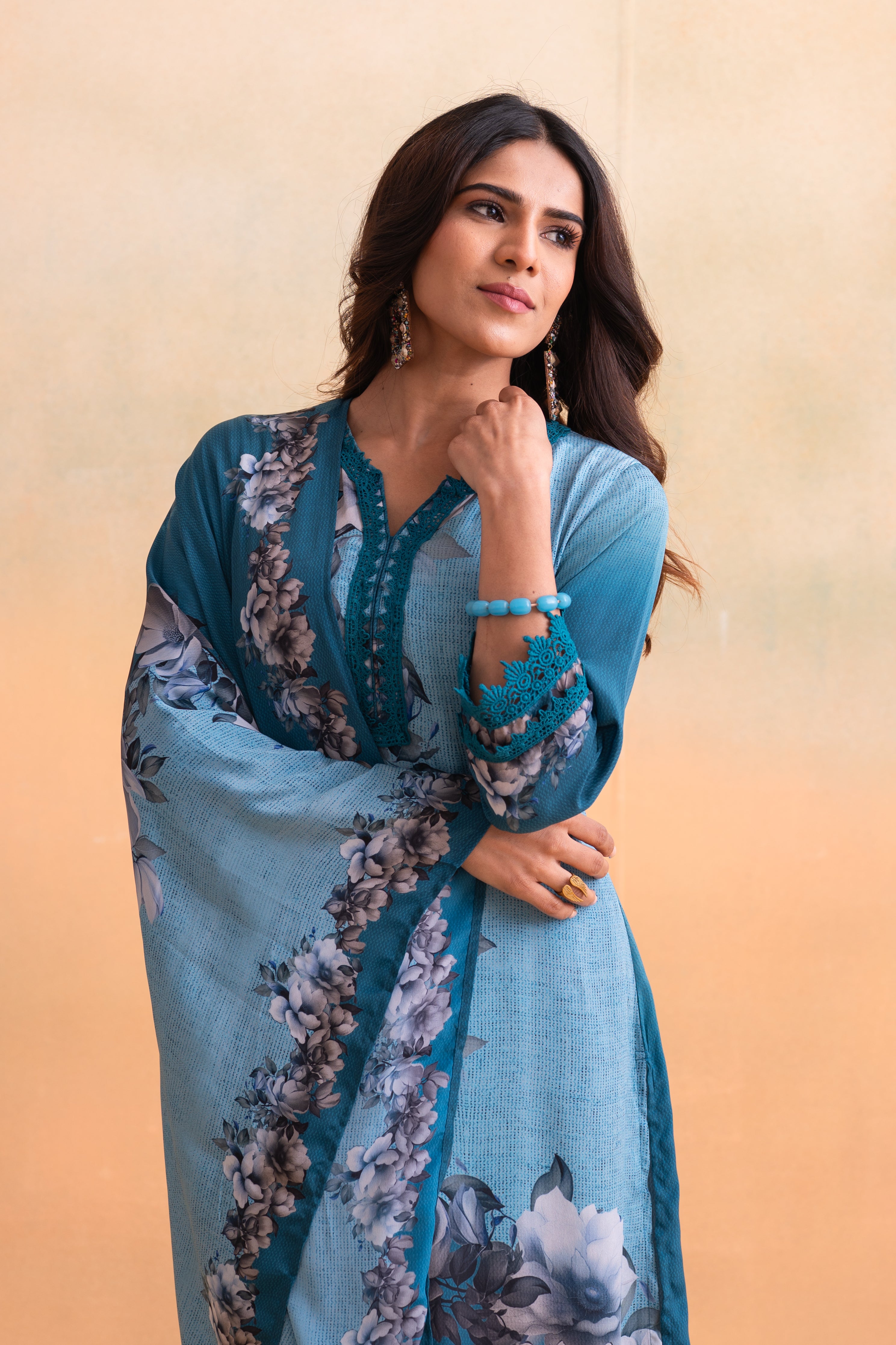 Blue Manmade Fiber Floral Printed Kurta With Pants & Dupatta Set With 