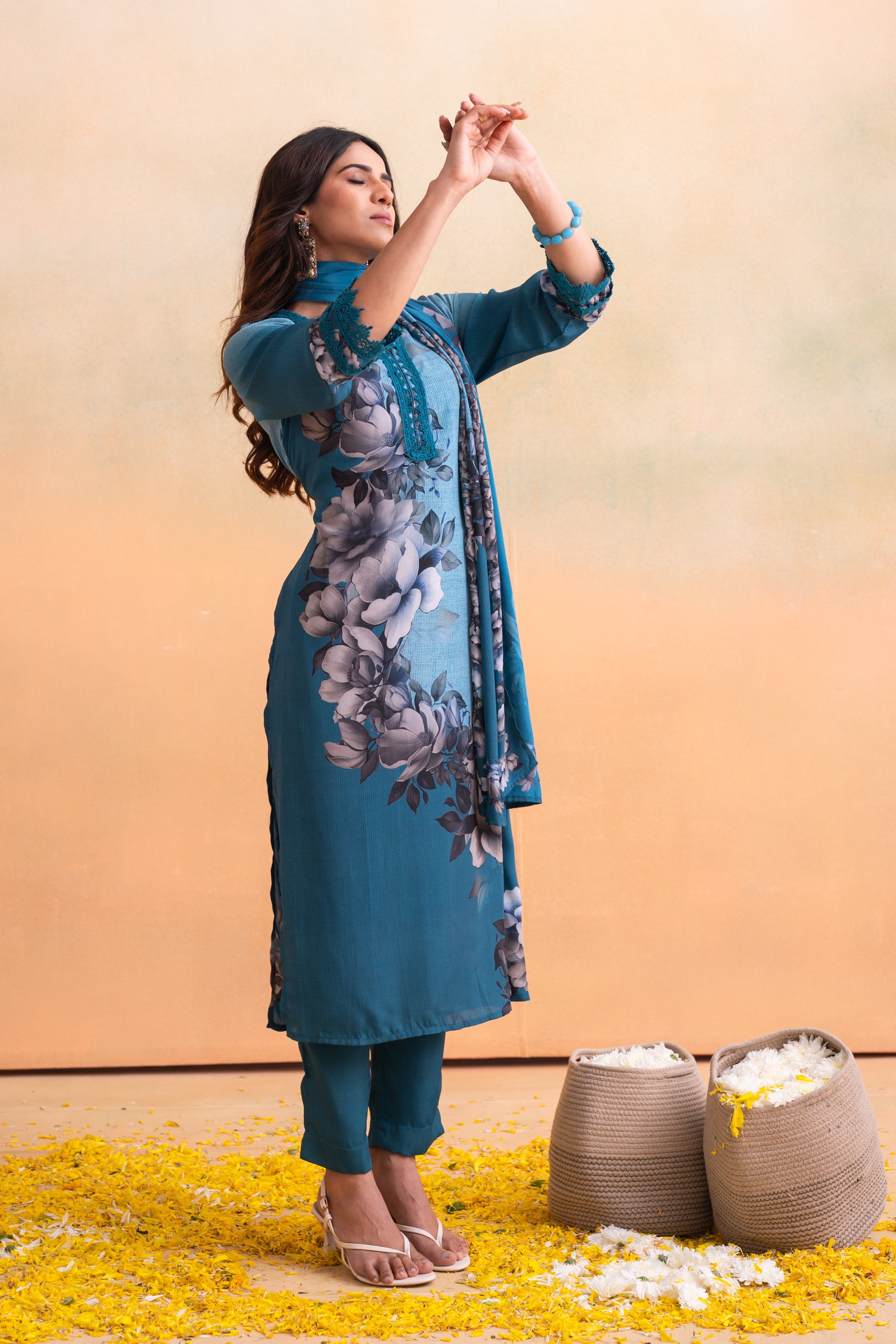 Blue Manmade Fiber Floral Printed Kurta With Pants & Dupatta Set With 