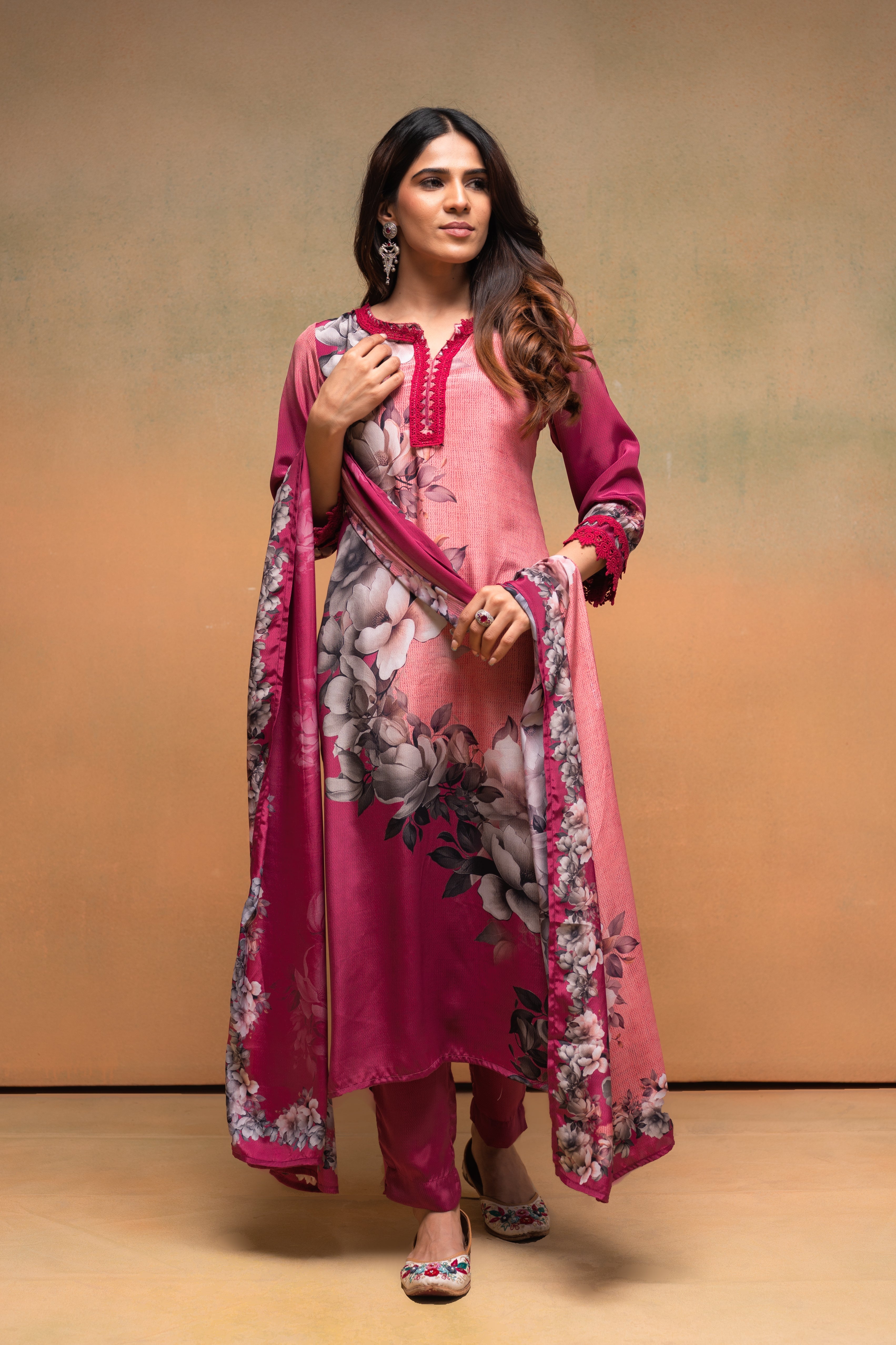 Magenta Manmade Fiber Floral Printed Kurta With Pants & Dupatta Set Wi