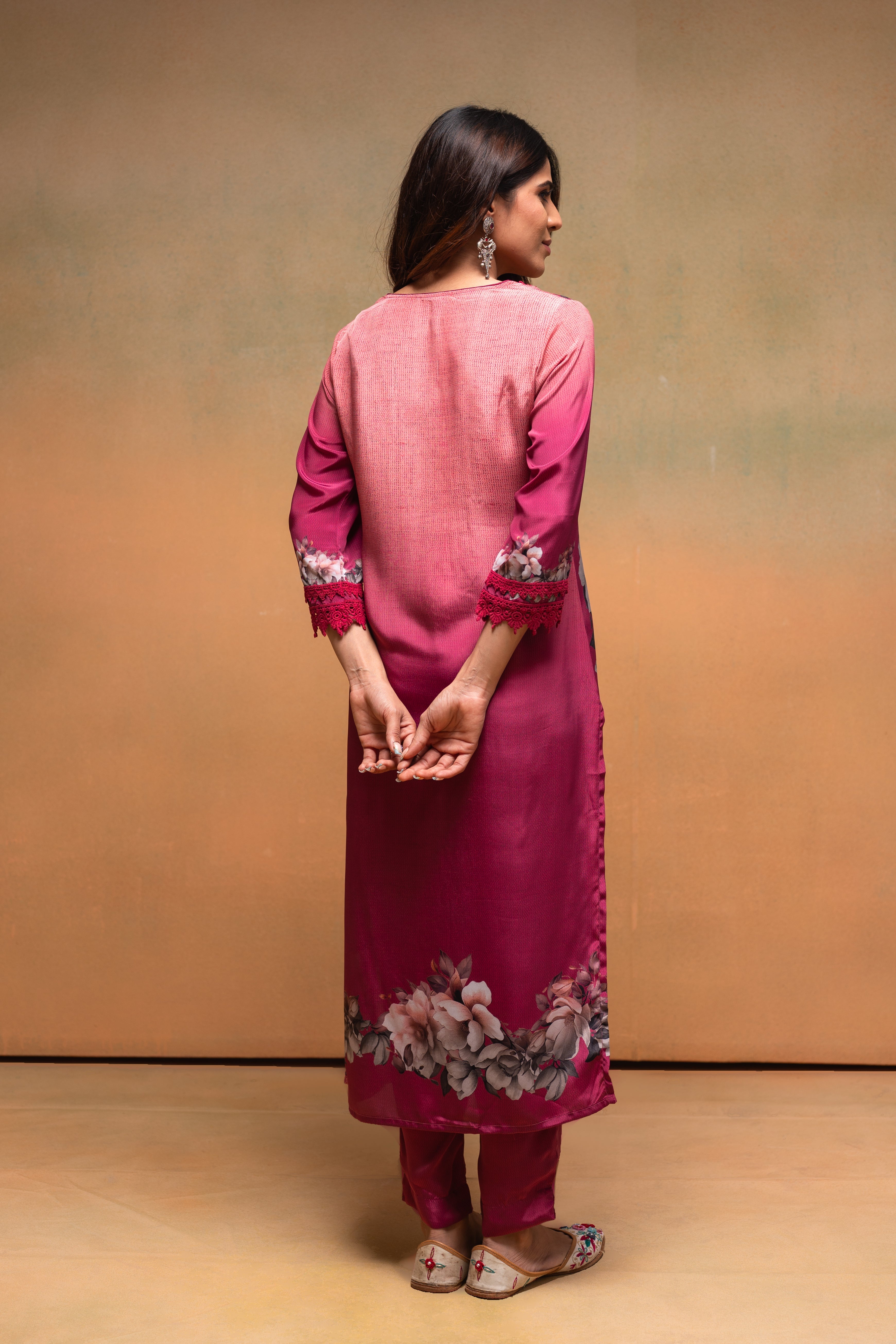 Magenta Manmade Fiber Floral Printed Kurta With Pants & Dupatta Set Wi