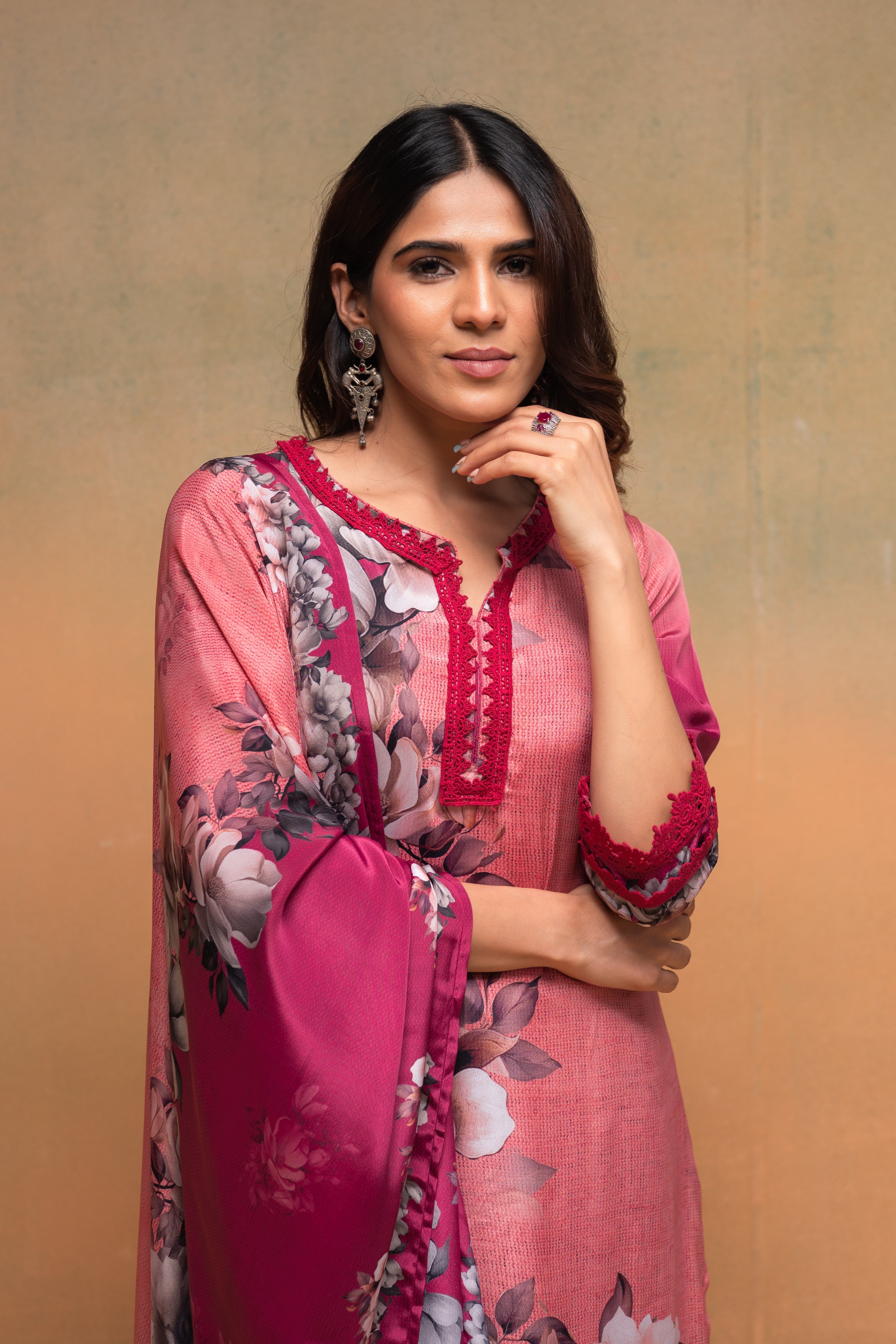 Magenta Manmade Fiber Floral Printed Kurta With Pants & Dupatta Set Wi