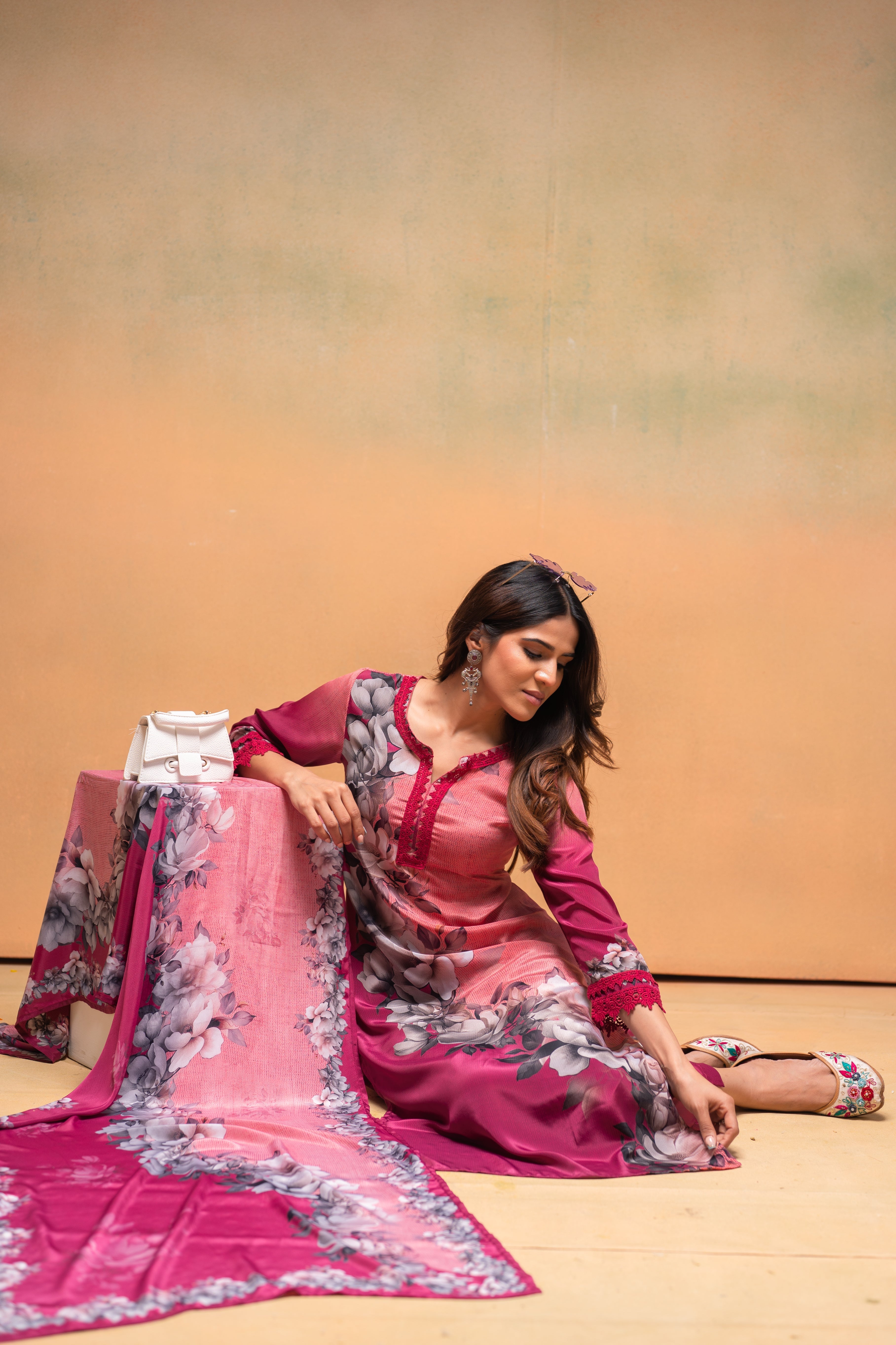 Magenta Manmade Fiber Floral Printed Kurta With Pants & Dupatta Set Wi