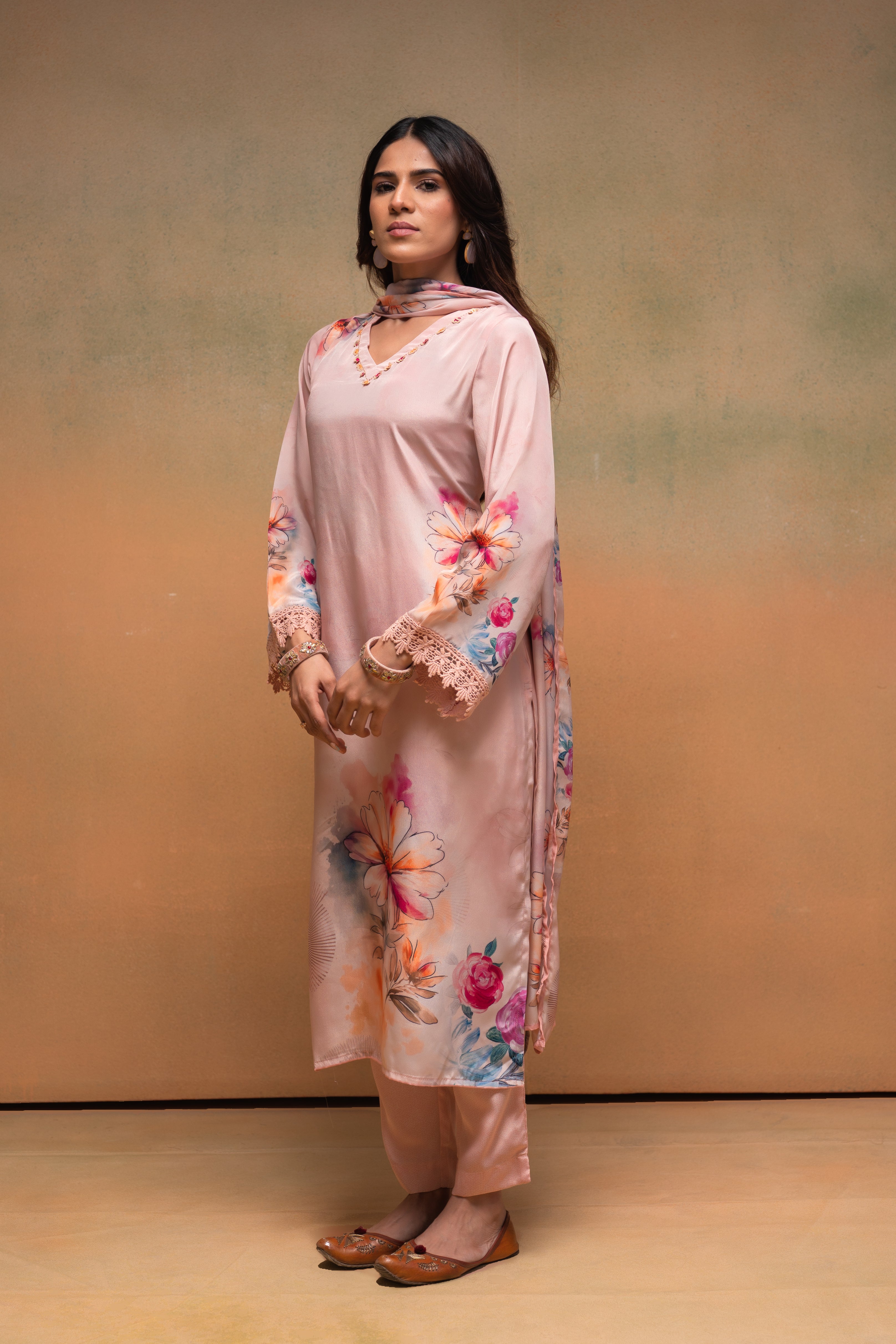 Peach Manmade Fiber Floral Printed Kurta With Pants & Dupatta Set With