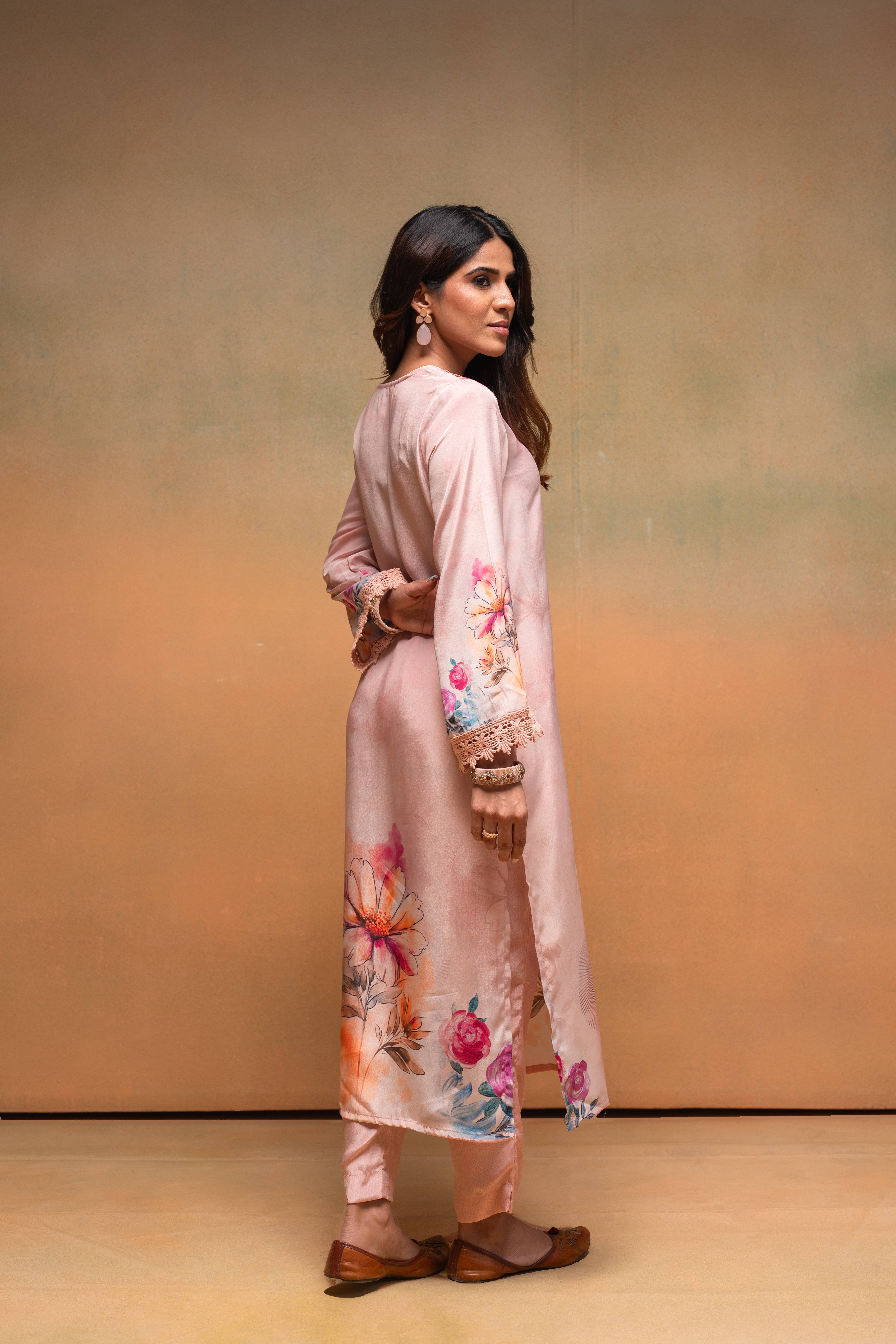 Peach Manmade Fiber Floral Printed Kurta With Pants & Dupatta Set With
