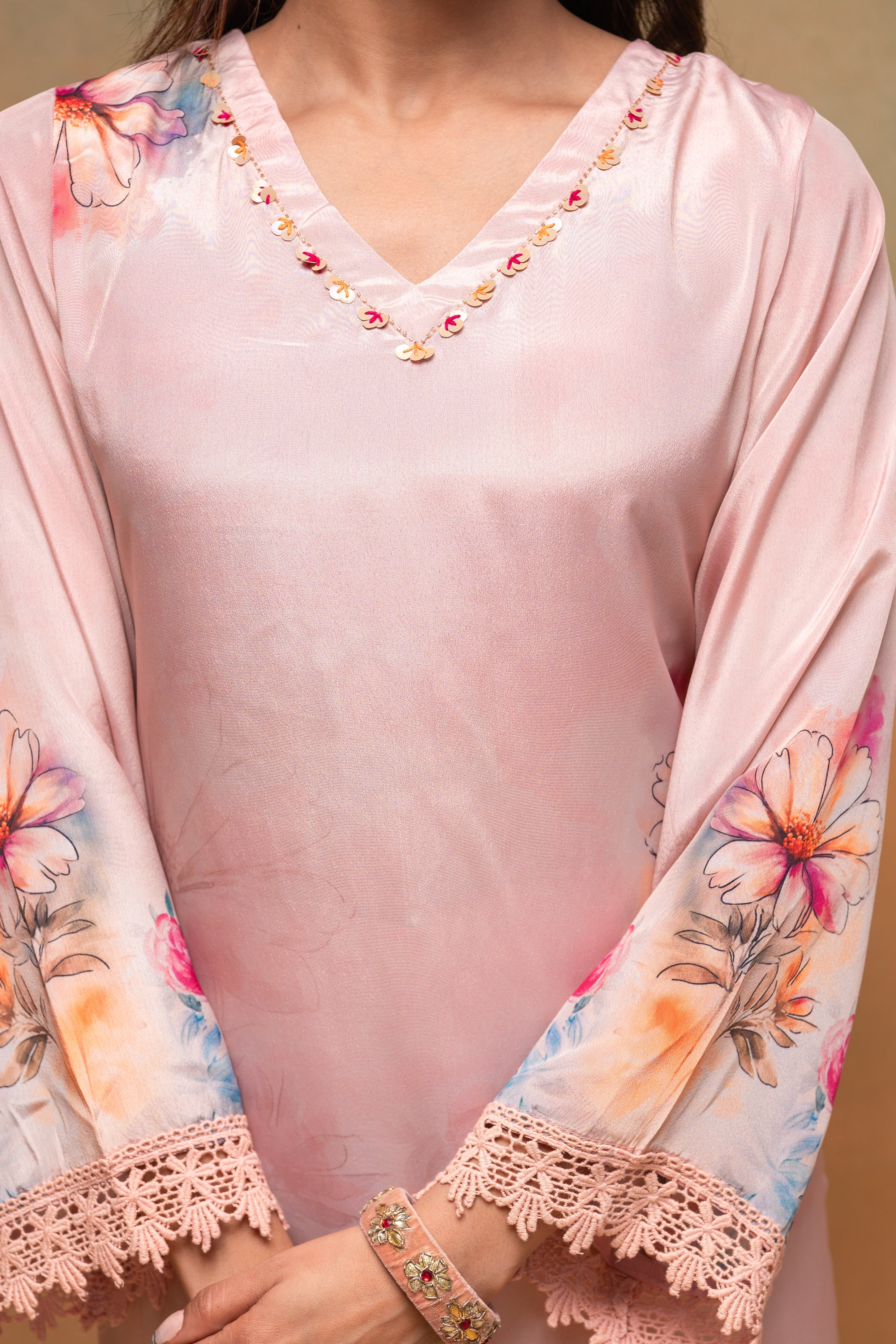 Peach Manmade Fiber Floral Printed Kurta With Pants & Dupatta Set With
