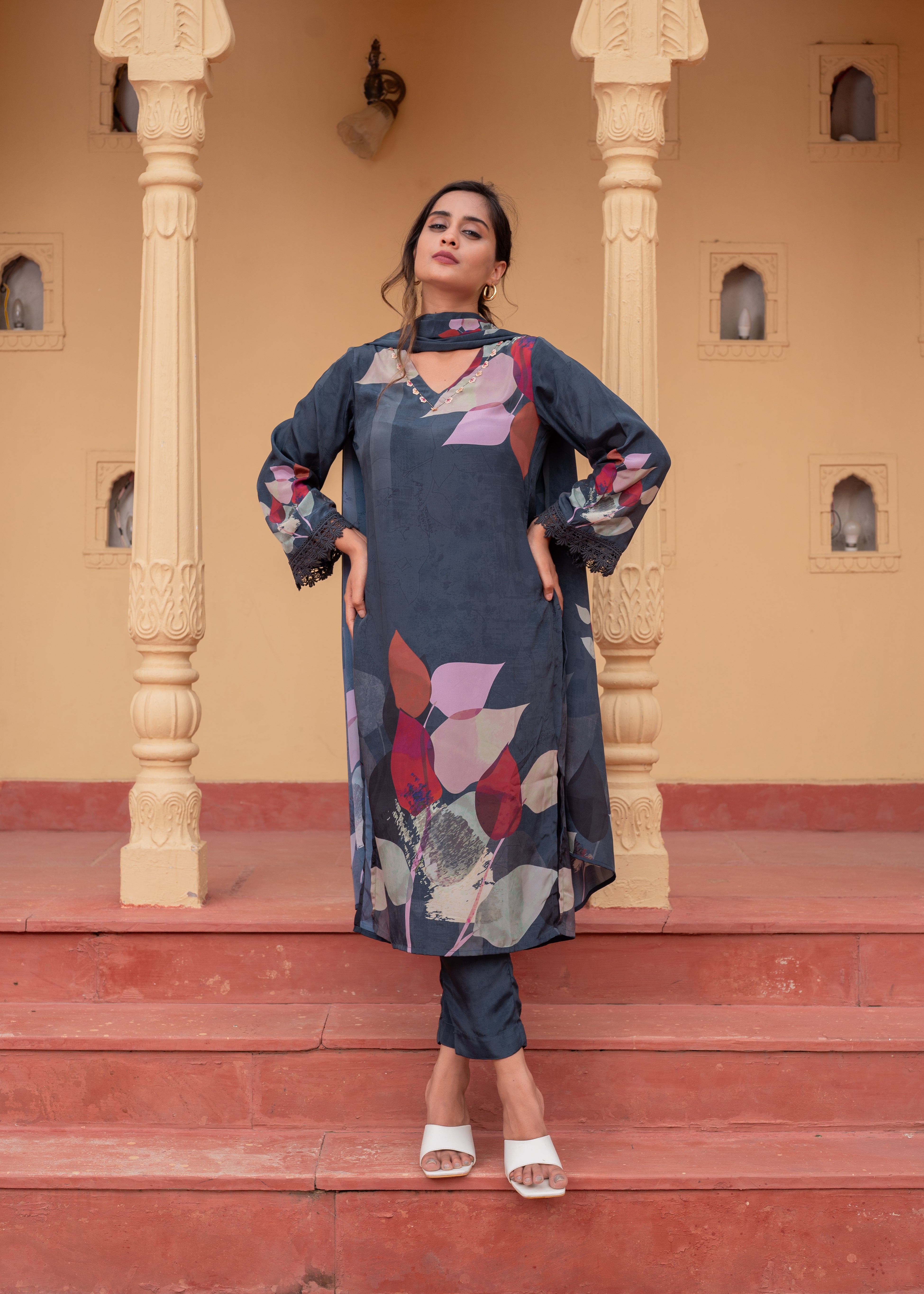 Navy Manmade Fiber Floral Printed Kurta With Pants & Dupatta Set With 