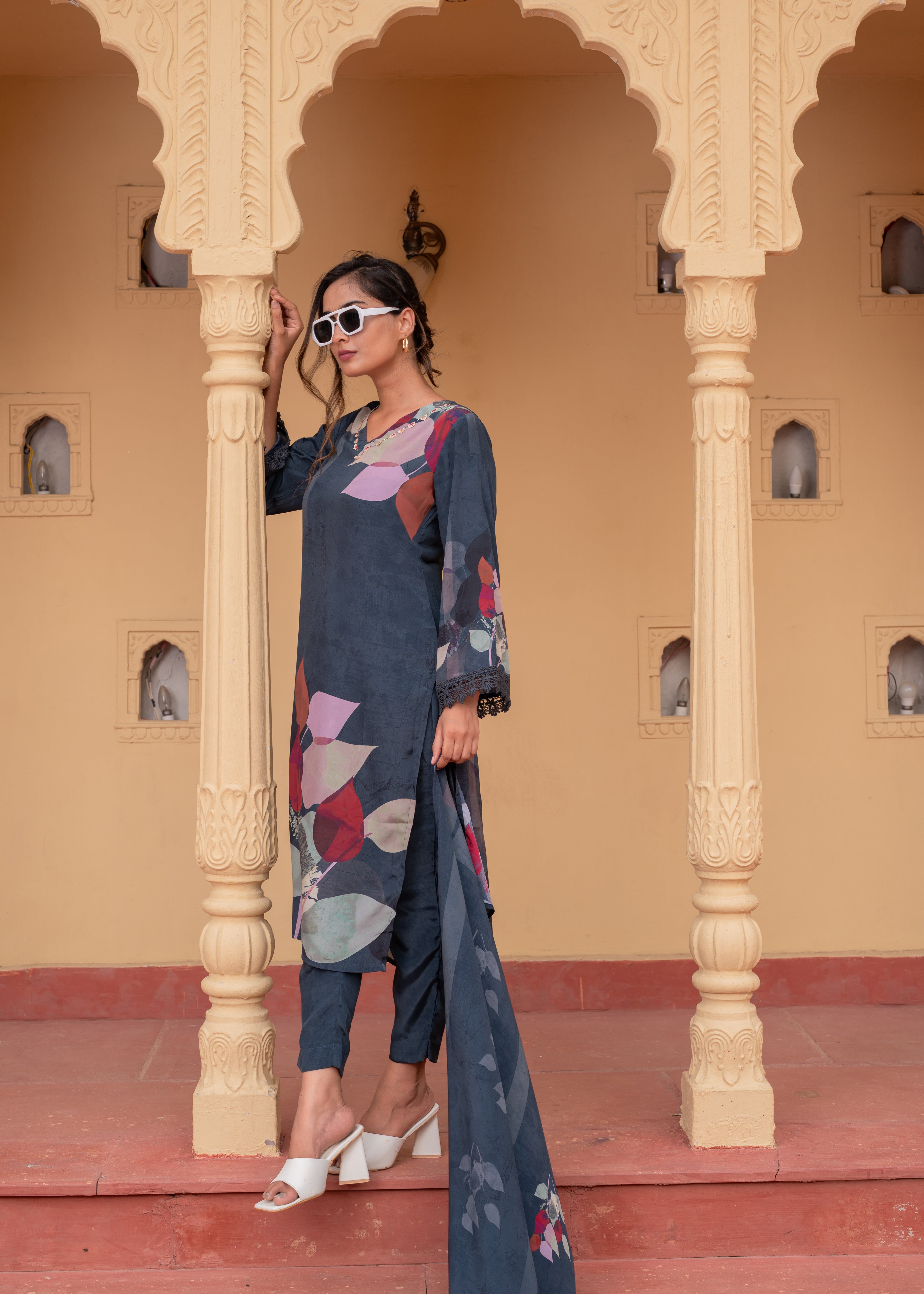 Navy Manmade Fiber Floral Printed Kurta With Pants & Dupatta Set With 